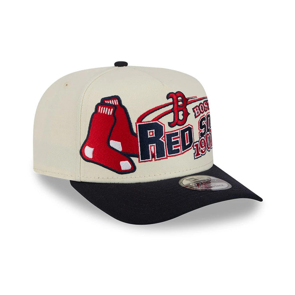 Boston Red Sox MLB Classic Cream New Era 9FIFTY A-Frame Snapback Adjustable Cap, three-quarter view showing raised red and black embroidered logo on the front panel, with a contrasting black visor and 9FIFTY size sticker.