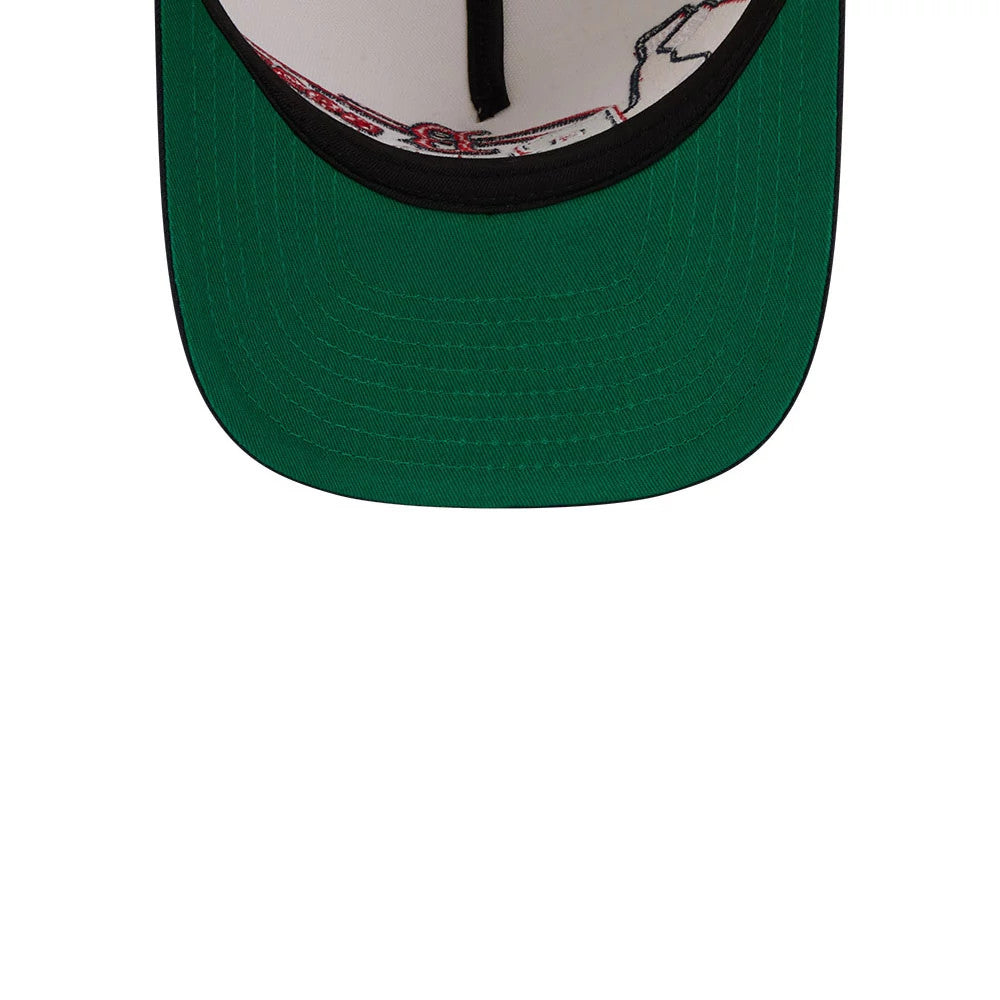 Boston Red Sox MLB Classic Cream New Era 9FIFTY A-Frame Snapback Adjustable Cap, inside view showing a green undervisor, black sweatband, and printed white taping with red graphics, highlighting the structured design and clean stitching.