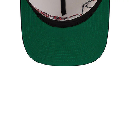 Boston Red Sox MLB Classic Cream New Era 9FIFTY A-Frame Snapback Adjustable Cap, inside view showing a green undervisor, black sweatband, and printed white taping with red graphics, highlighting the structured design and clean stitching.