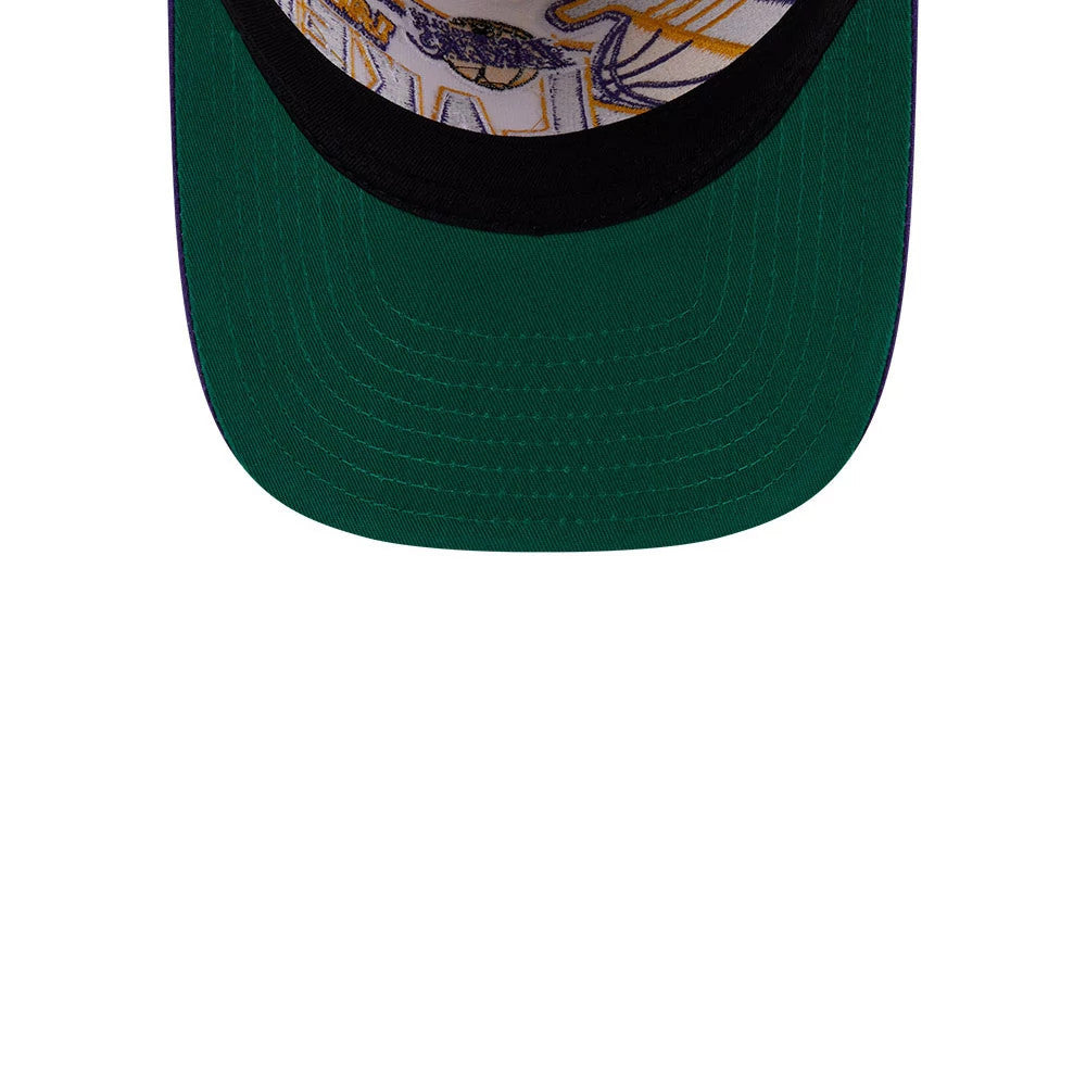 LA Lakers NBA Classic White New Era 9FIFTY A-Frame Snapback Adjustable Cap, inside view showing a green undervisor and colourful Los Angeles Lakers graphics printed on the inner panel lining.