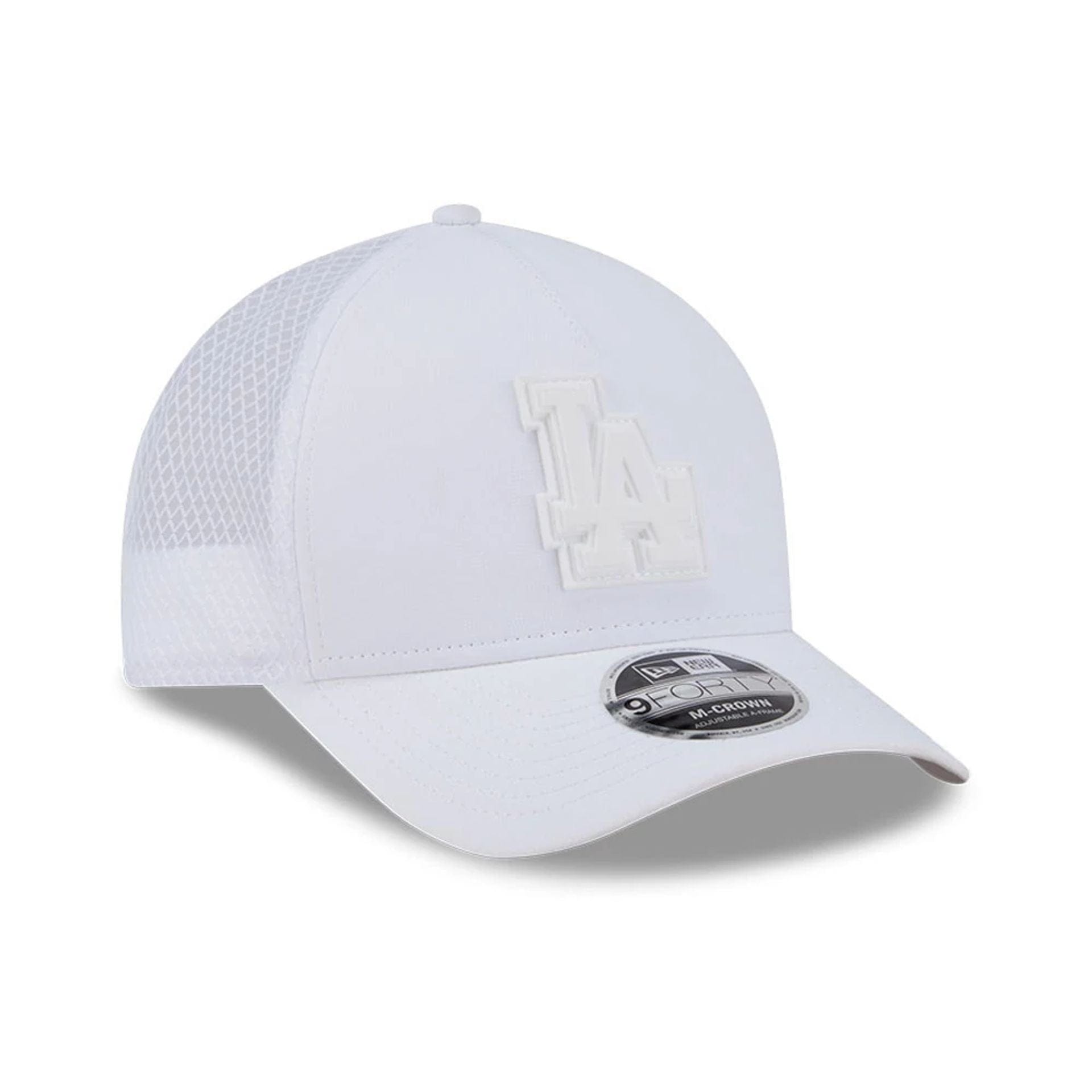 Pictured is this MLB Badged LA Dodgers 9FORTY M-Crown A-Frame Trucker cap in white. 4