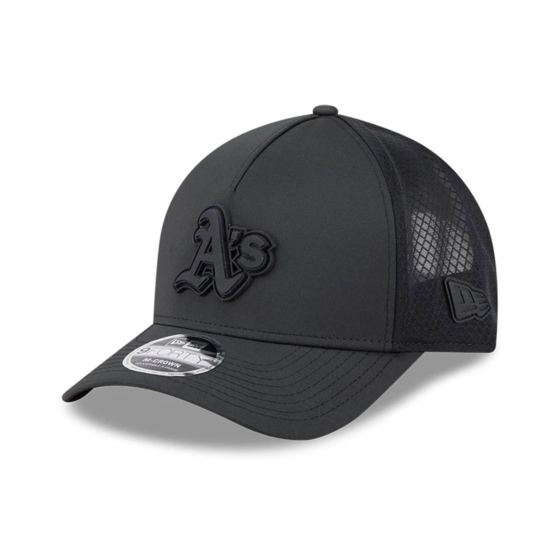 Pictured is this MLB Badged Athletics 9FORTY M-Crown A-Frame Trucker cap in black. 1