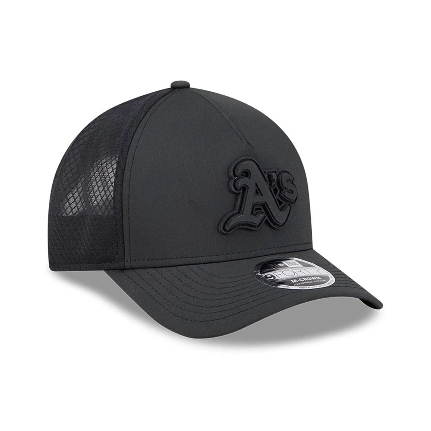 Pictured is this MLB Badged Athletics 9FORTY M-Crown A-Frame Trucker cap in black. 4