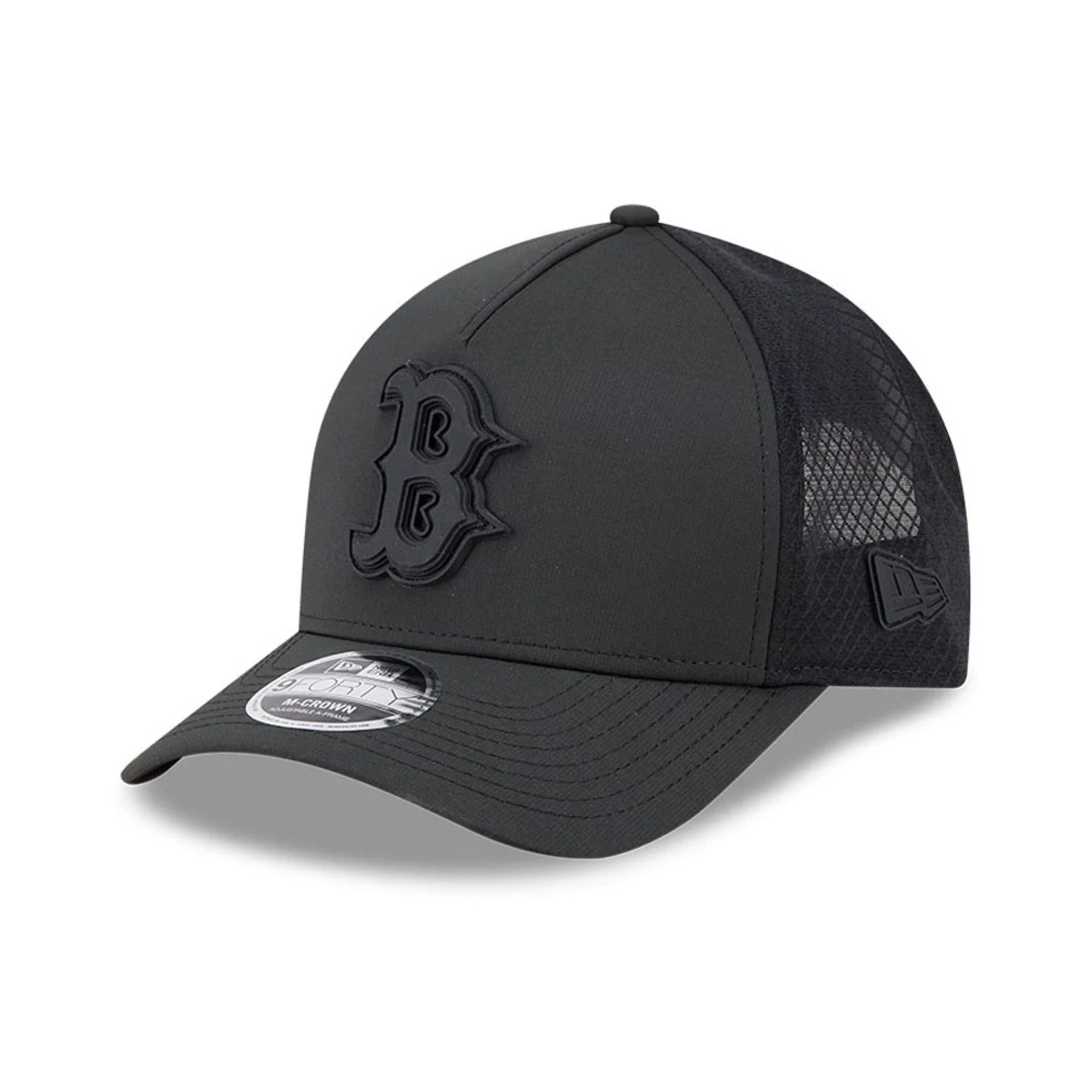 Pictured is this MLB Badged Boston Red Sox 9FORTY M-Crown A-Frame Trucker cap in black. 1