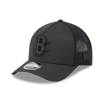 Pictured is this MLB Badged Boston Red Sox 9FORTY M-Crown A-Frame Trucker cap in black. 1