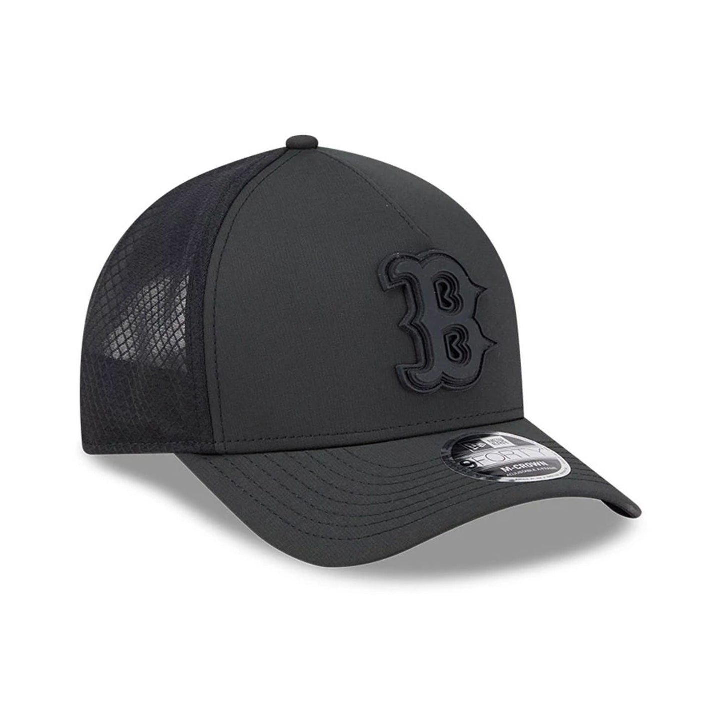 Pictured is this MLB Badged Boston Red Sox 9FORTY M-Crown A-Frame Trucker cap in black. 4
