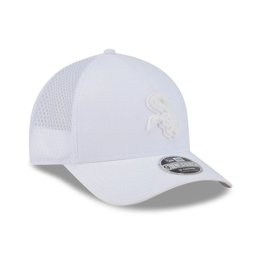 Chicago White Sox MLB Badged White New Era 9FORTY M-Crown A-Frame Trucker Cap, three-quarter view showing a white raised embroidered Sox logo on the front panel, a white curved visor, mesh side panels, and a 9FORTY size sticker.