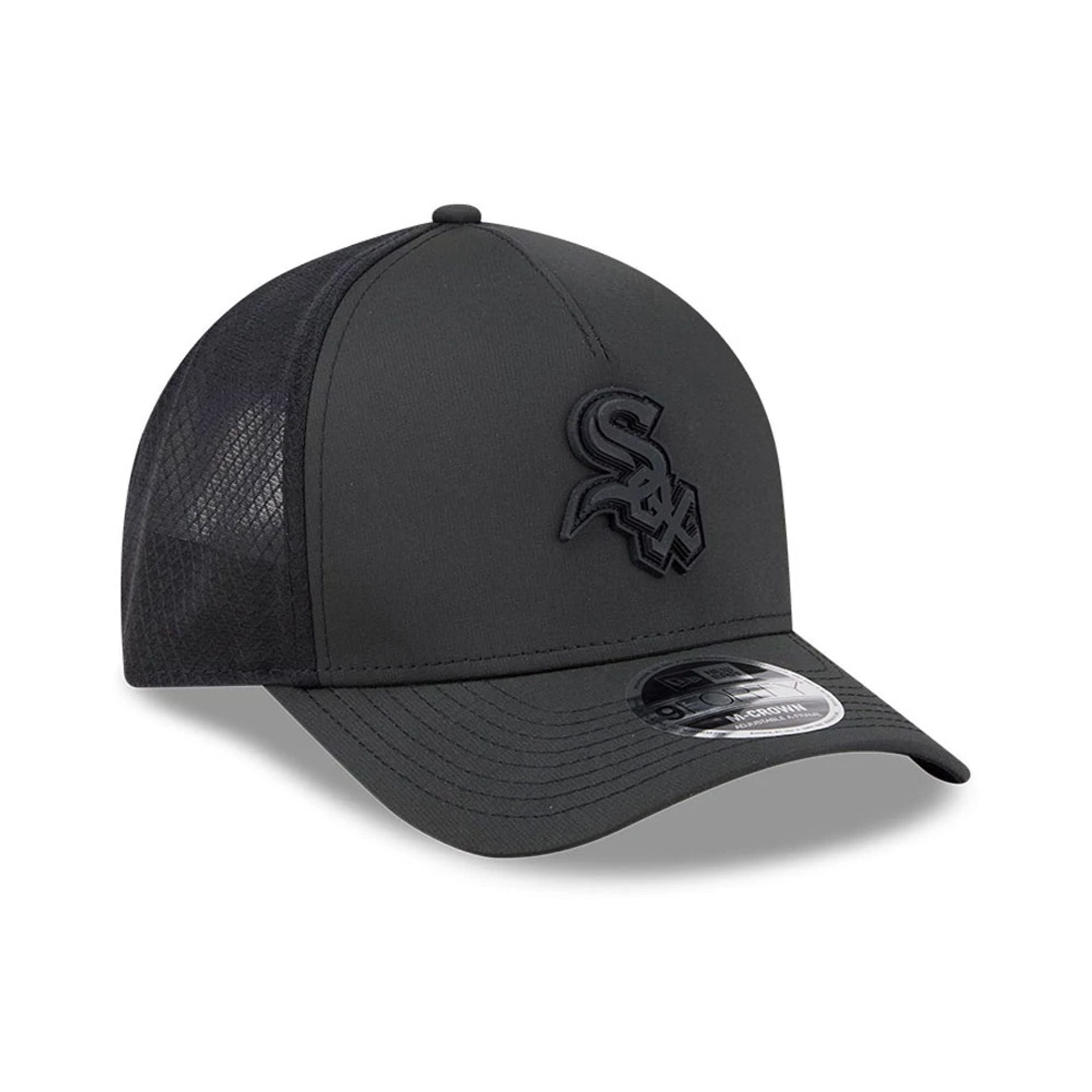 Pictured is this MLB Badged Chicago White Sox 9FORTY M-Crown A-Frame Trucker cap in black. 4