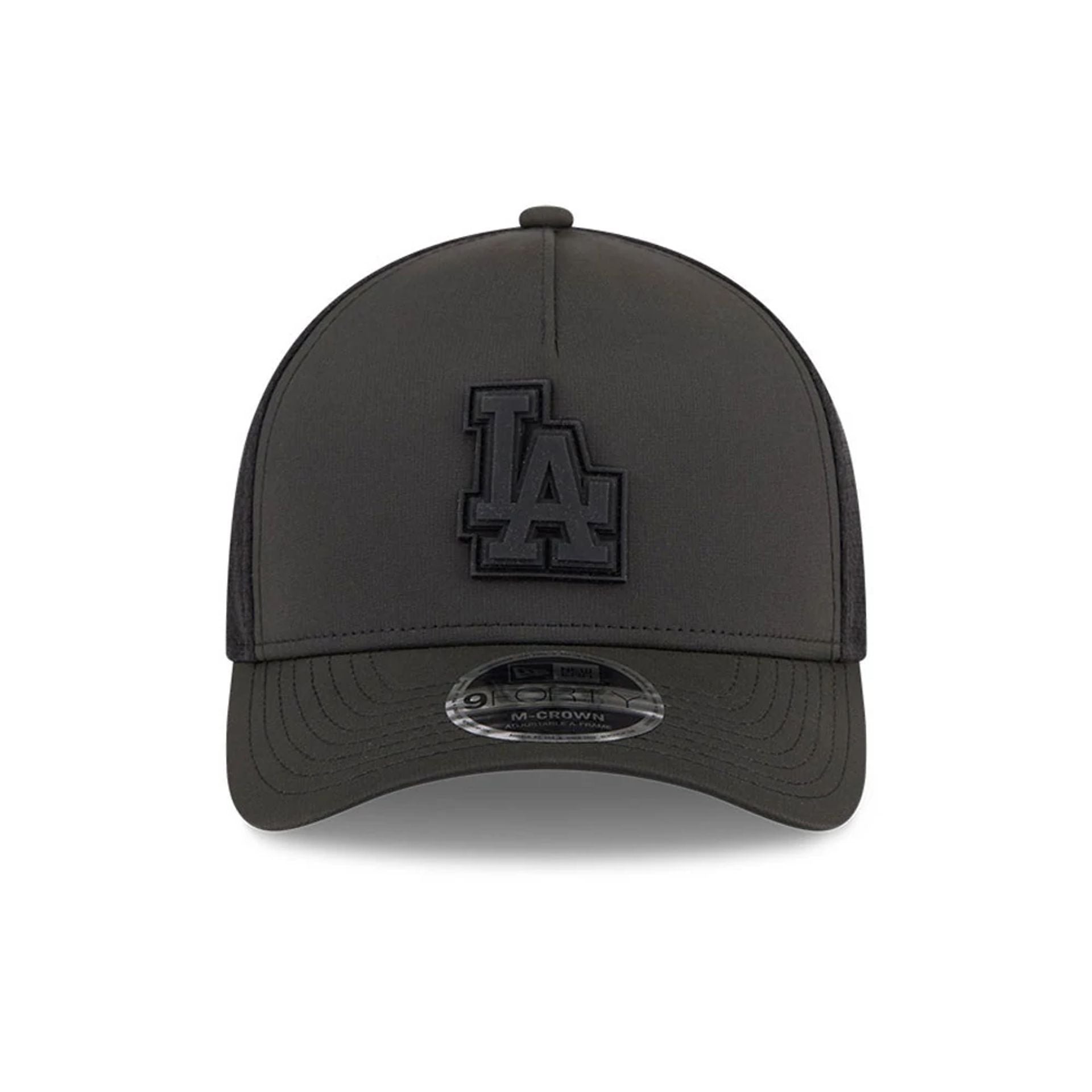 Pictured is this MLB Badged LA Dodgers 9FORTY M-Crown A-Frame Trucker cap in black. 3