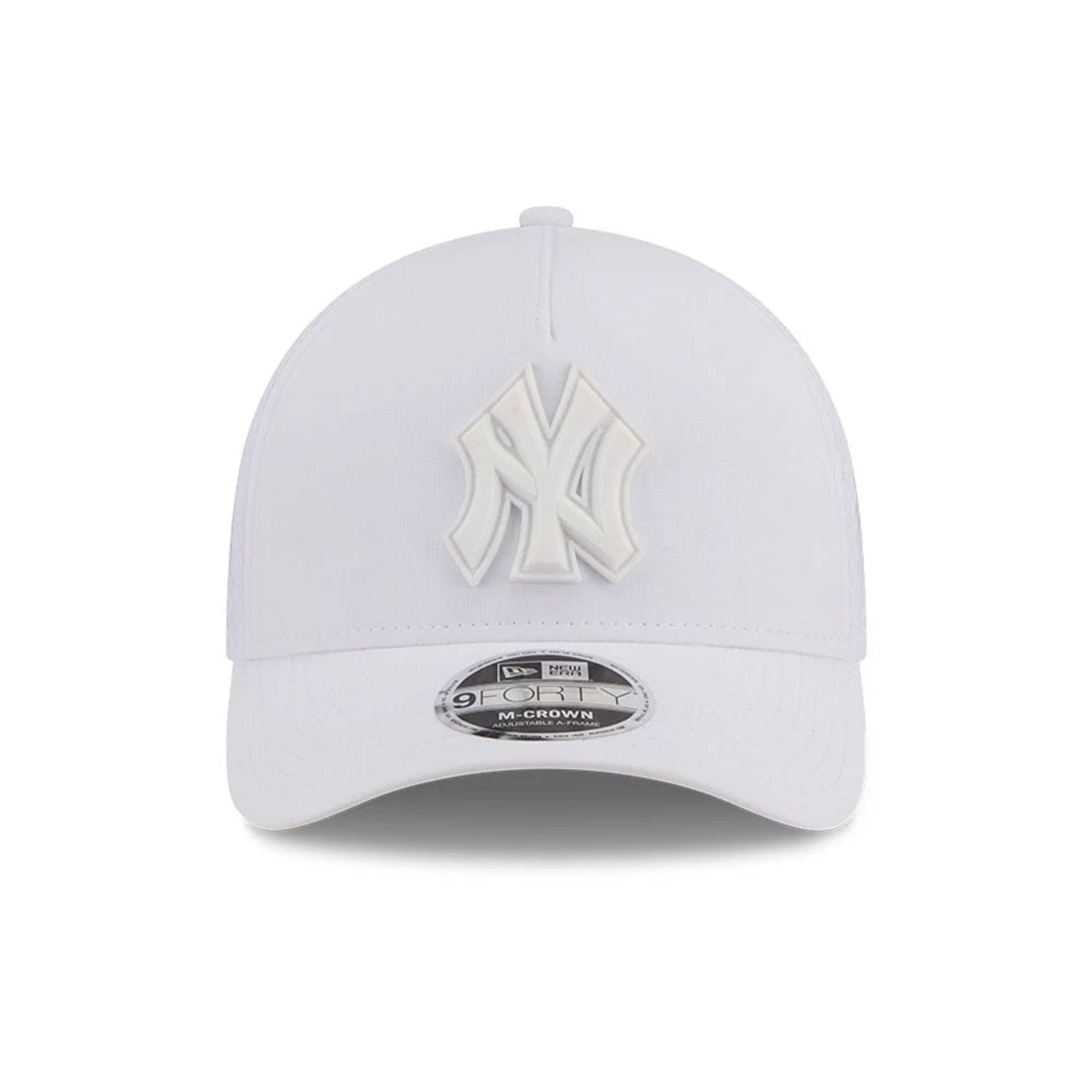 Pictured is this MLB Badged New York Yankees 9FORTY M-Crown A-Frame Trucker cap in white. 3