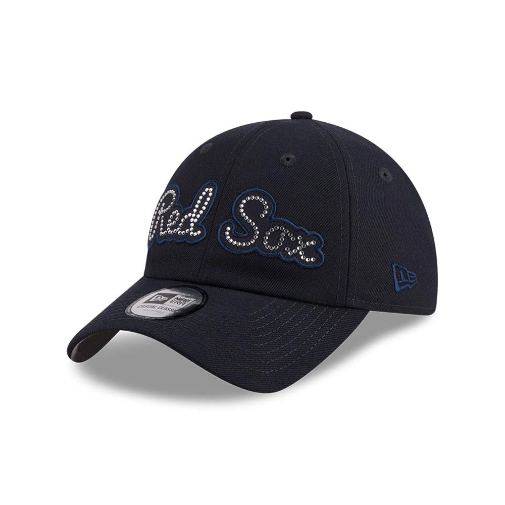 New Era Boston Red Sox MLB Rhinestone Navy Casual Classic Adjustable Cap, three-quarter view showing rhinestone embellished team name in white outline on front panel, curved visor with a monochrome 9FORTY size sticker.