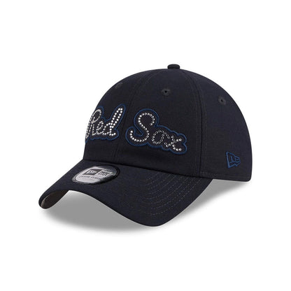 New Era Boston Red Sox MLB Rhinestone Navy Casual Classic Adjustable Cap, three-quarter view showing rhinestone embellished team name in white outline on front panel, curved visor with a monochrome 9FORTY size sticker.