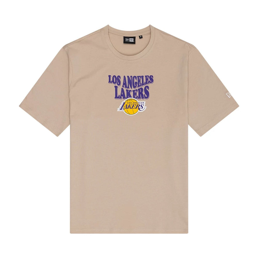 The Male model is wearing LA Lakers NBA Graphic Light Beige T-Shirt 1