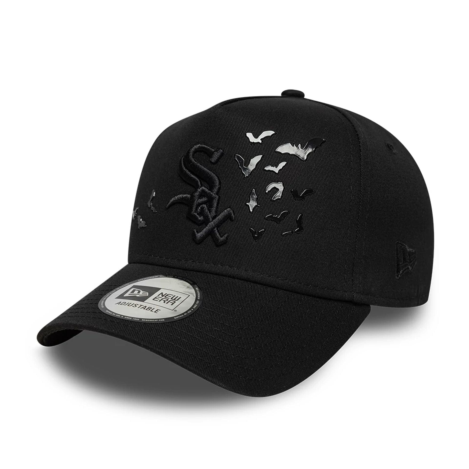 This is a Chicago White Sox MLB Bats Black 9FORTY E-Frame Adjustable Cap 1