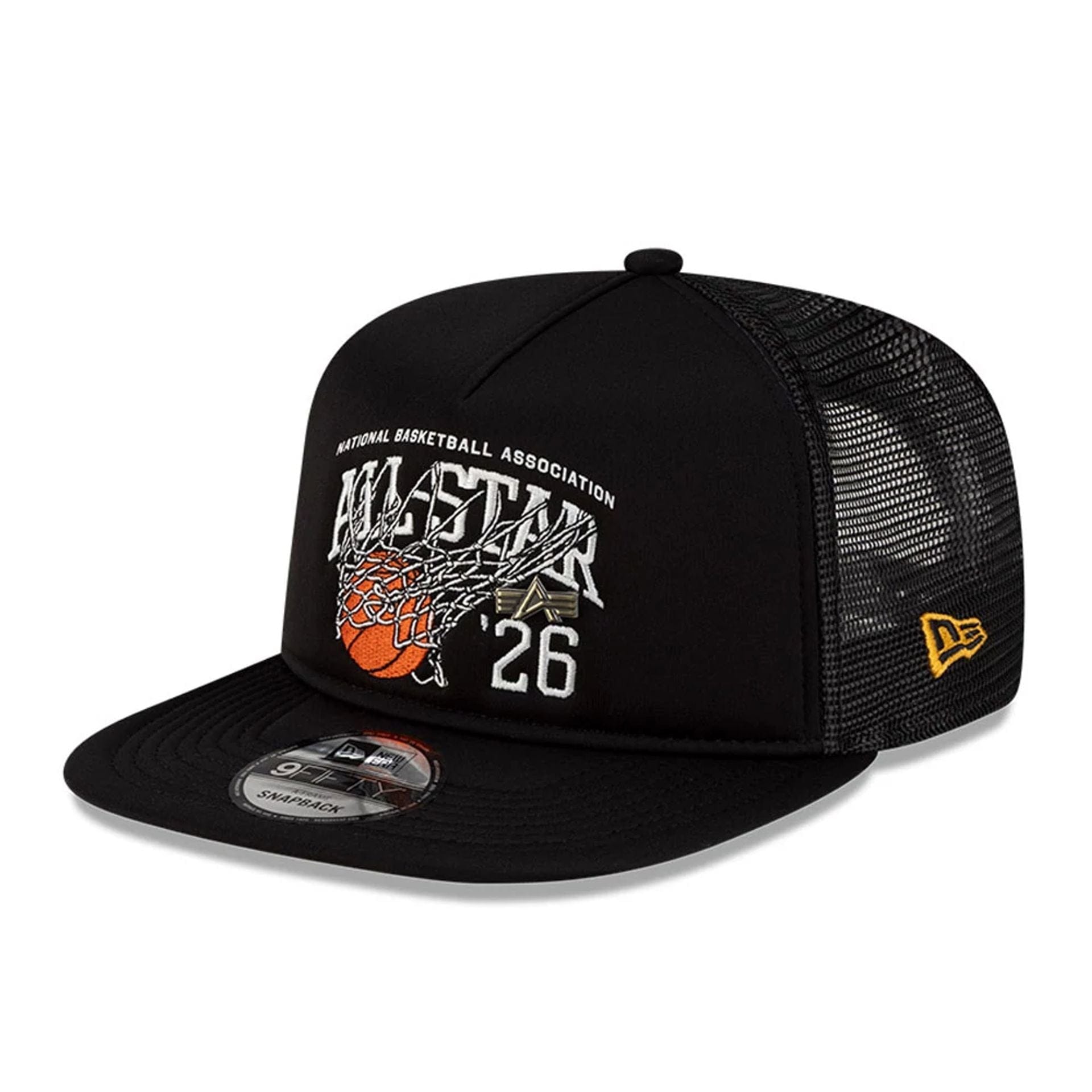 Pictured is this NBA X Alpha NBA All Star Game 9FIFTY A-Frame Trucker cap in black. 3