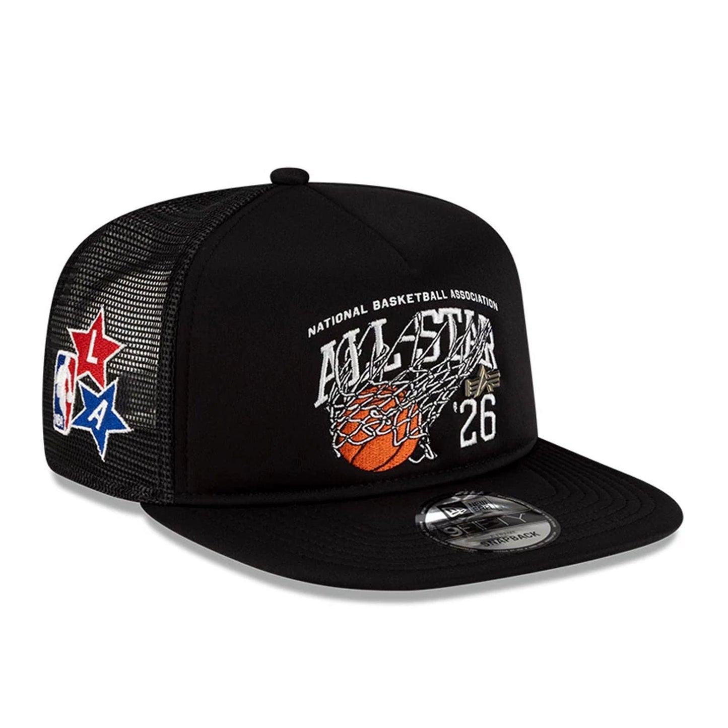 Pictured is this NBA X Alpha NBA All Star Game 9FIFTY A-Frame Trucker cap in black. 1
