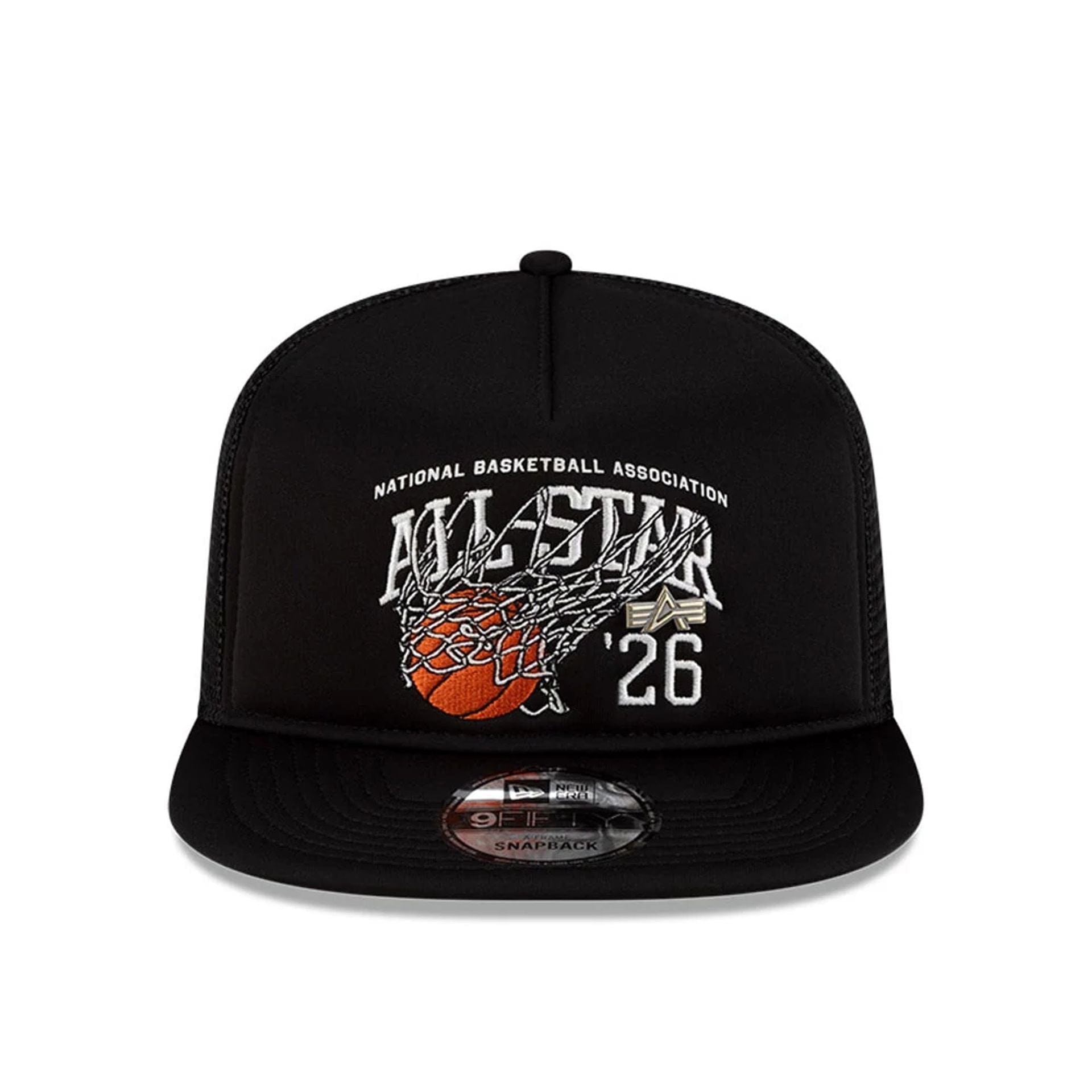 Pictured is this NBA X Alpha NBA All Star Game 9FIFTY A-Frame Trucker cap in black. 2
