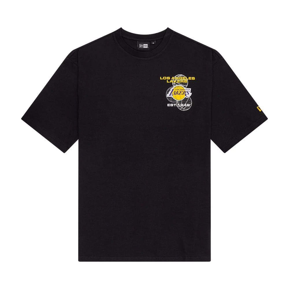The Male model is wearing LA Lakers NBA Basketball Heritage Graphic Black Oversized T-Shirt 2