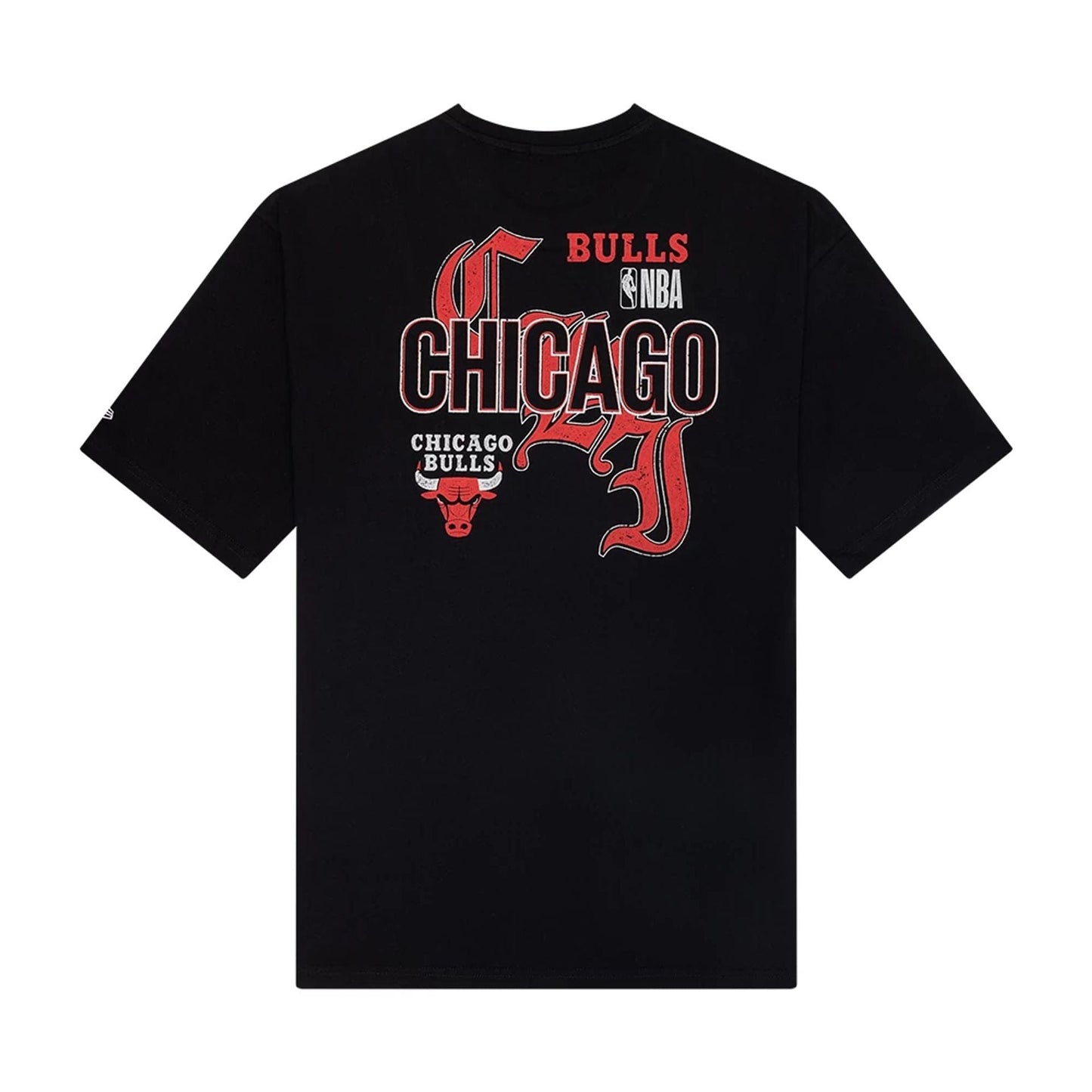 The Male model is wearing Chicago Bulls NBA Font Graphic Black Oversized T-Shirt 2