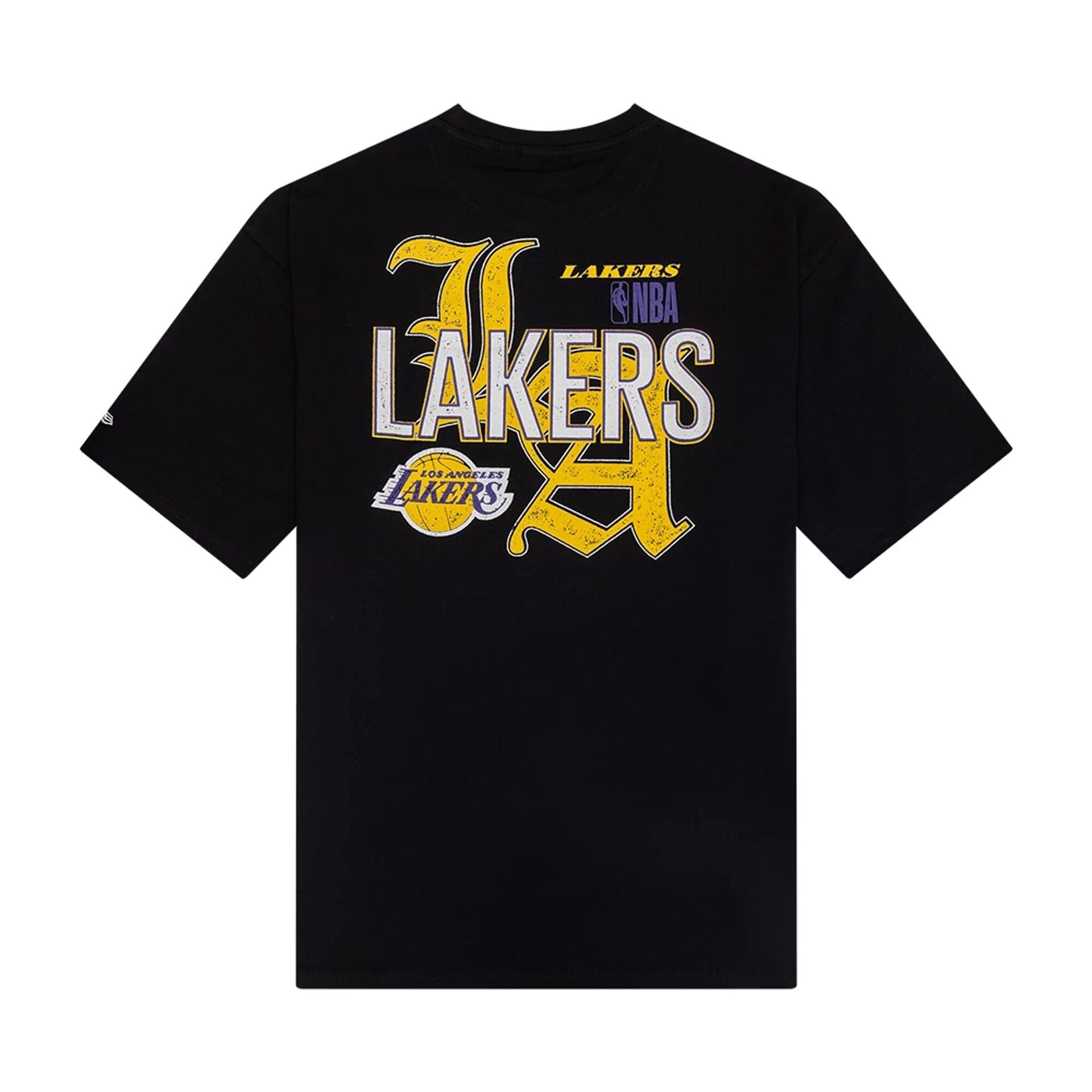 The Male model is wearing LA Lakers NBA Font Graphic Black Oversized T-Shirt 2
