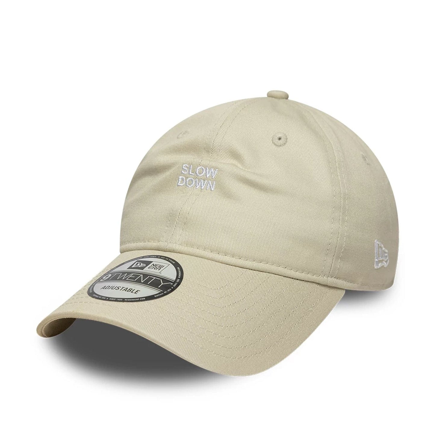 This is a  New Era Slogan Light Beige 9TWENTY Adjustable Cap 1