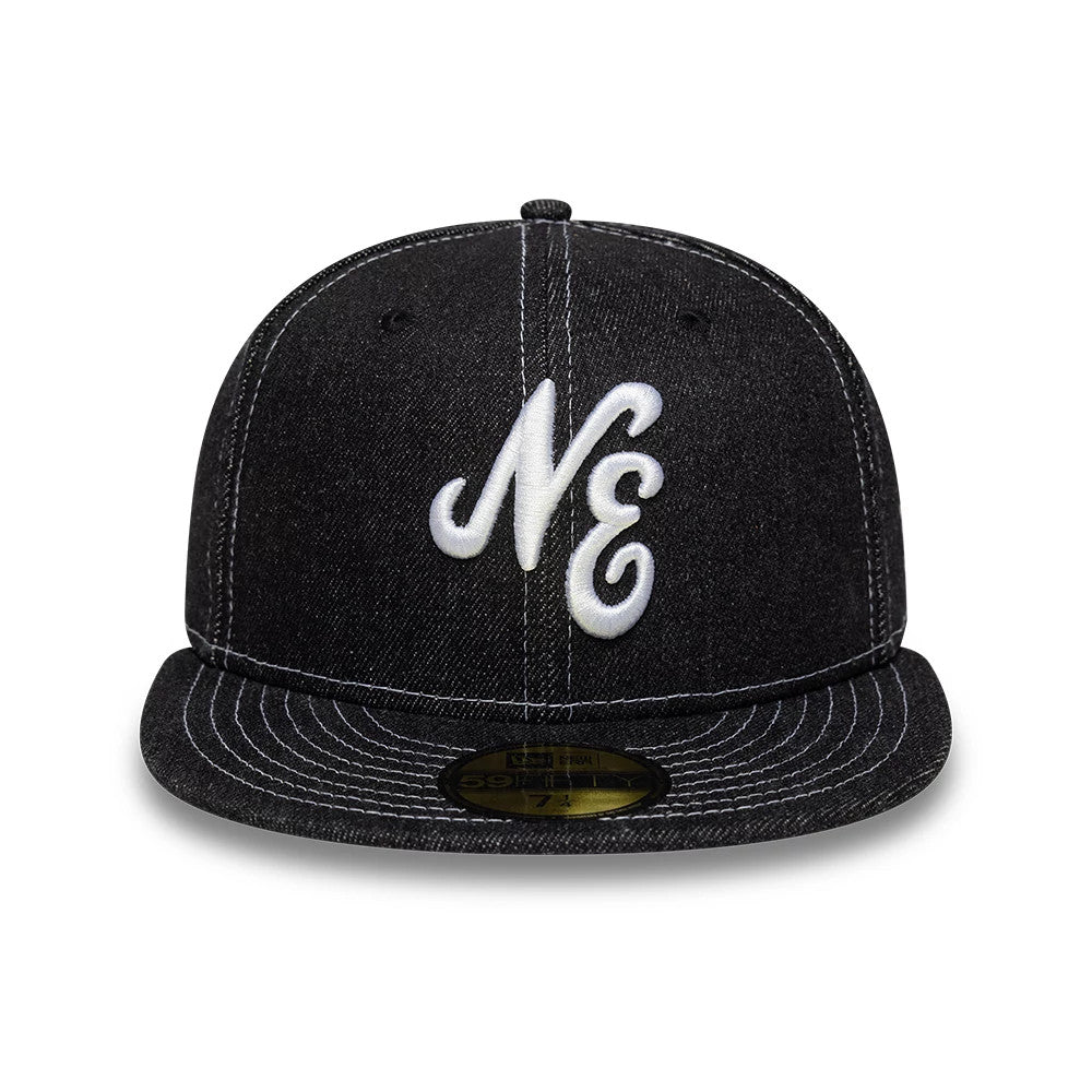 New Era Denim Black 59FIFTY Fitted Cap, front view showing white raised embroidery of NE on the structured black denim crown, with a flat black visor and a gold 59FIFTY size sticker.