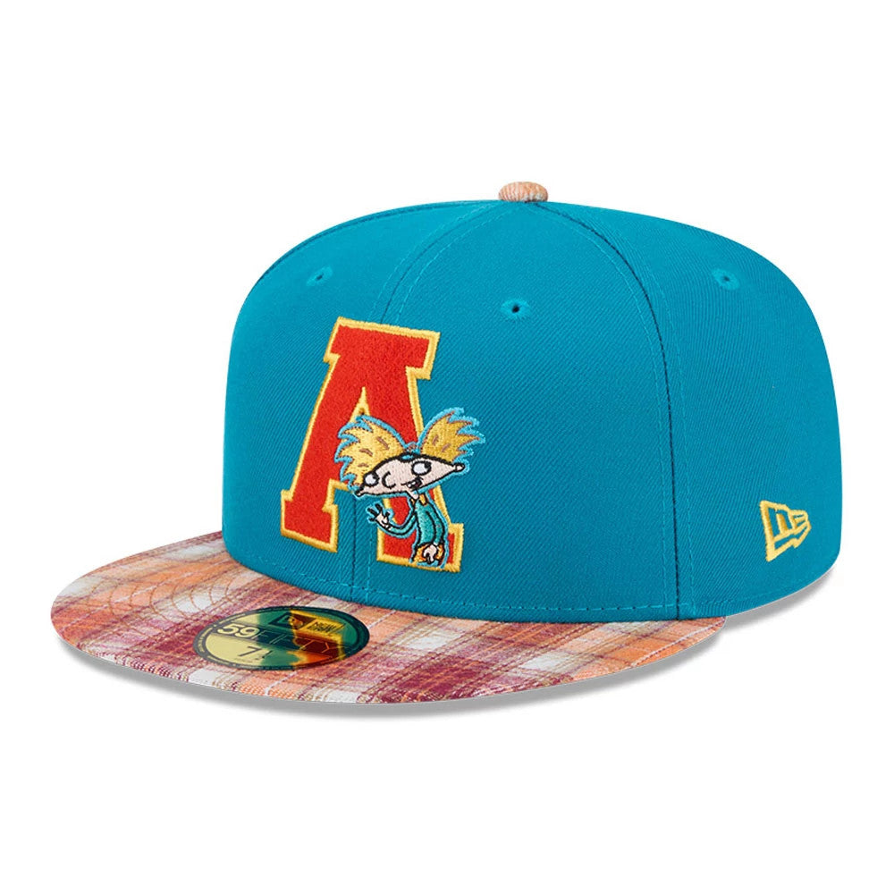 Hey Arnold Letterman Turquoise New Era 59FIFTY Fitted Cap, three-quarter view showing a large embroidered red and yellow A with an Arnold graphic on the front panel, a plaid pattern on the visor, and a 59FIFTY size sticker.