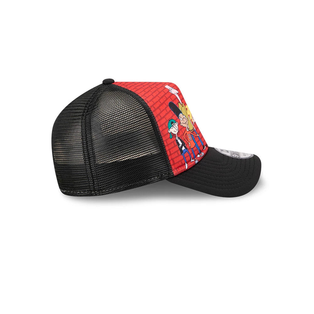 Hey Arnold Graphic Black New Era 9FORTY A-Frame Trucker Adjustable Cap, side view showing a cartoon character print on the red front panel with a black mesh crown and curved black visor featuring a 9FORTY size sticker.