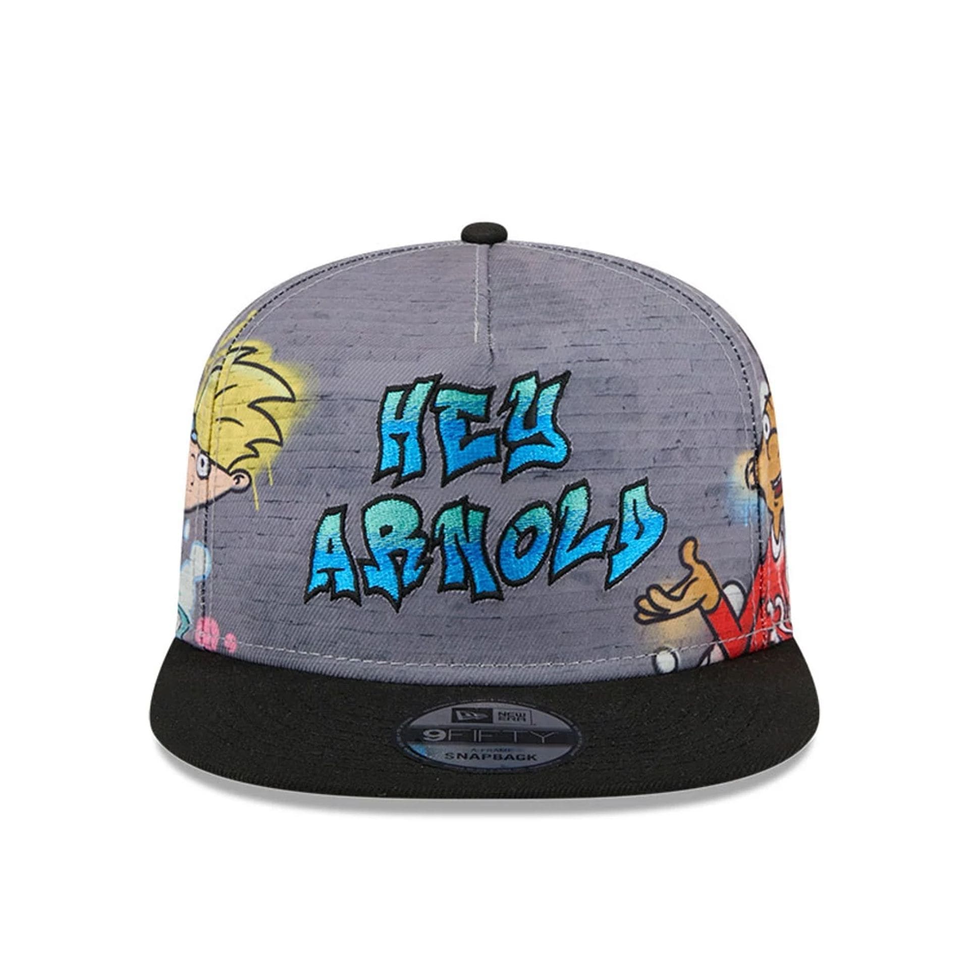 Pictured is this Graffiti Hey Arnold 9FIFTY A-Frame Snapback cap in grey. 2