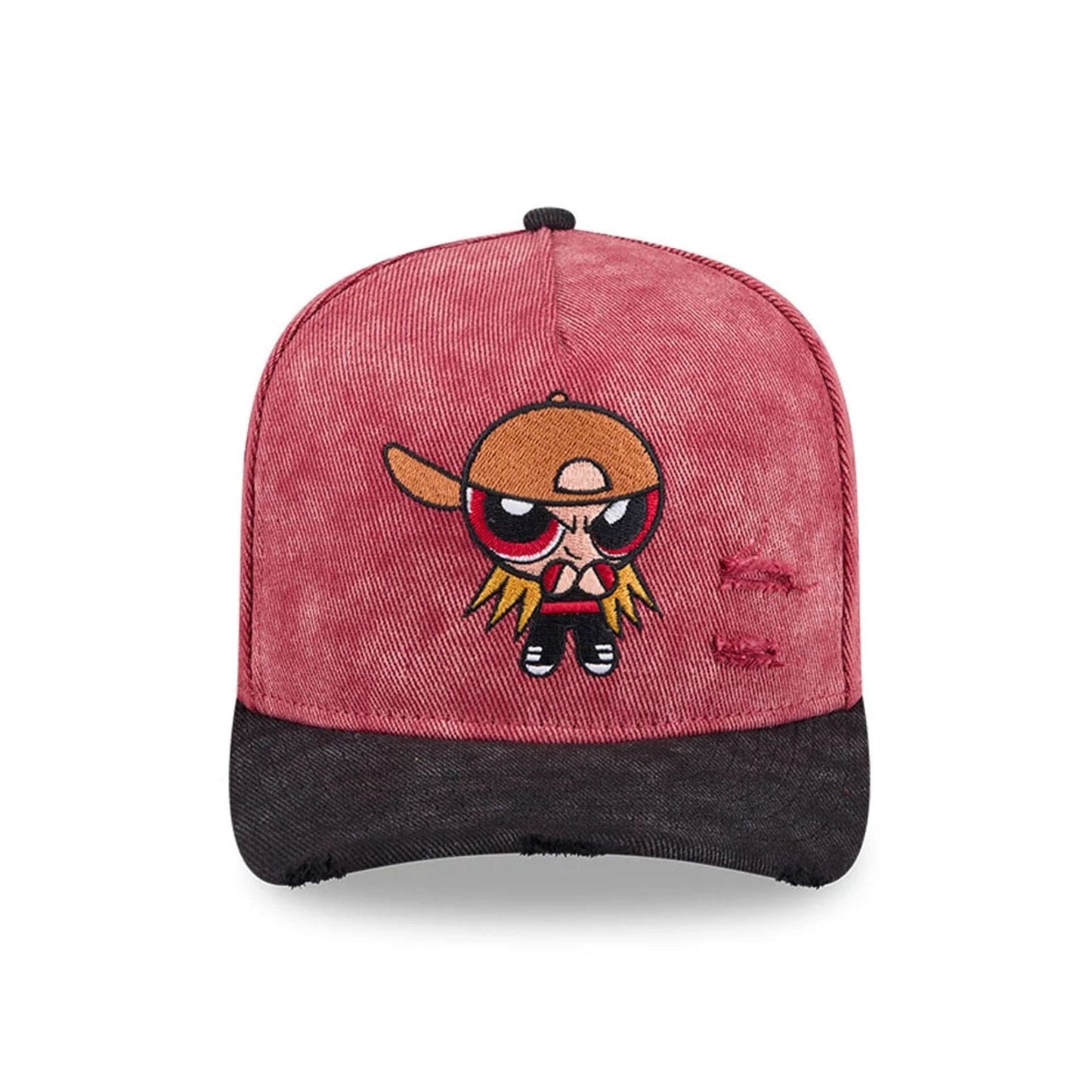 Pictured is this Rowdyruff Boys Brick Power Puff Girls 9FIFTY A-Frame Snapback cap in open red. 2