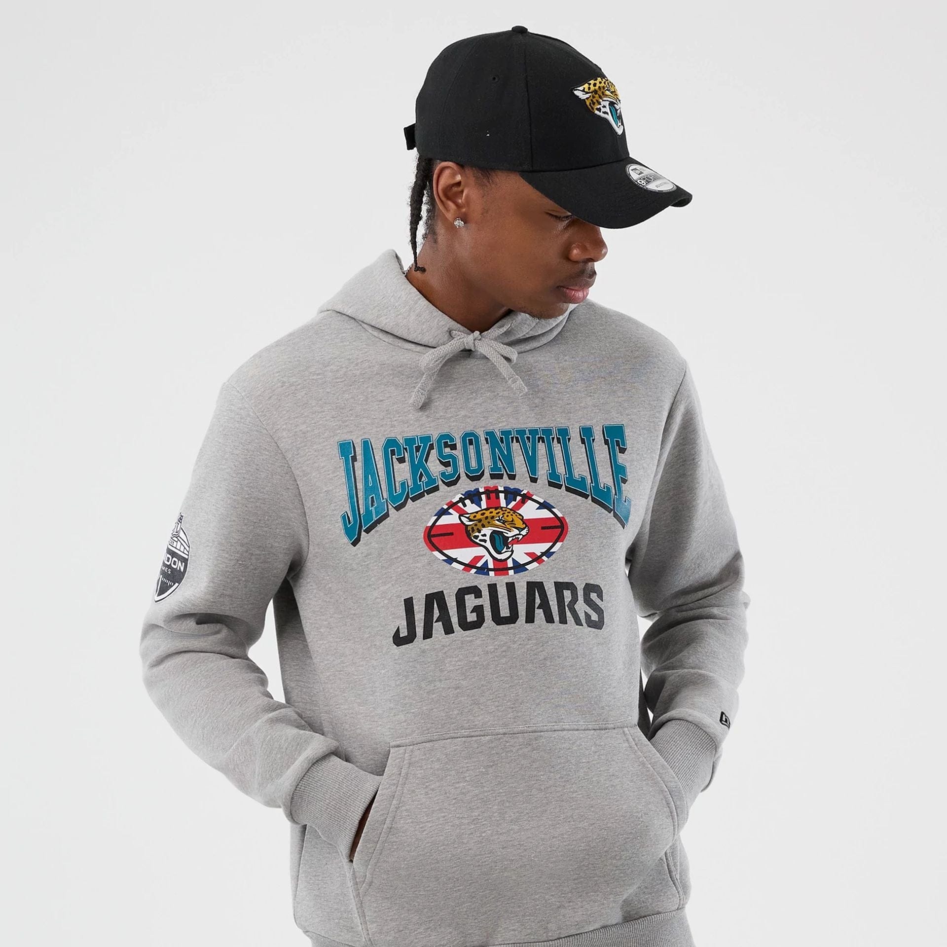The Male model is wearing Jacksonville Jaguars NFL International Series Games Grey Pullover Hoodie  4