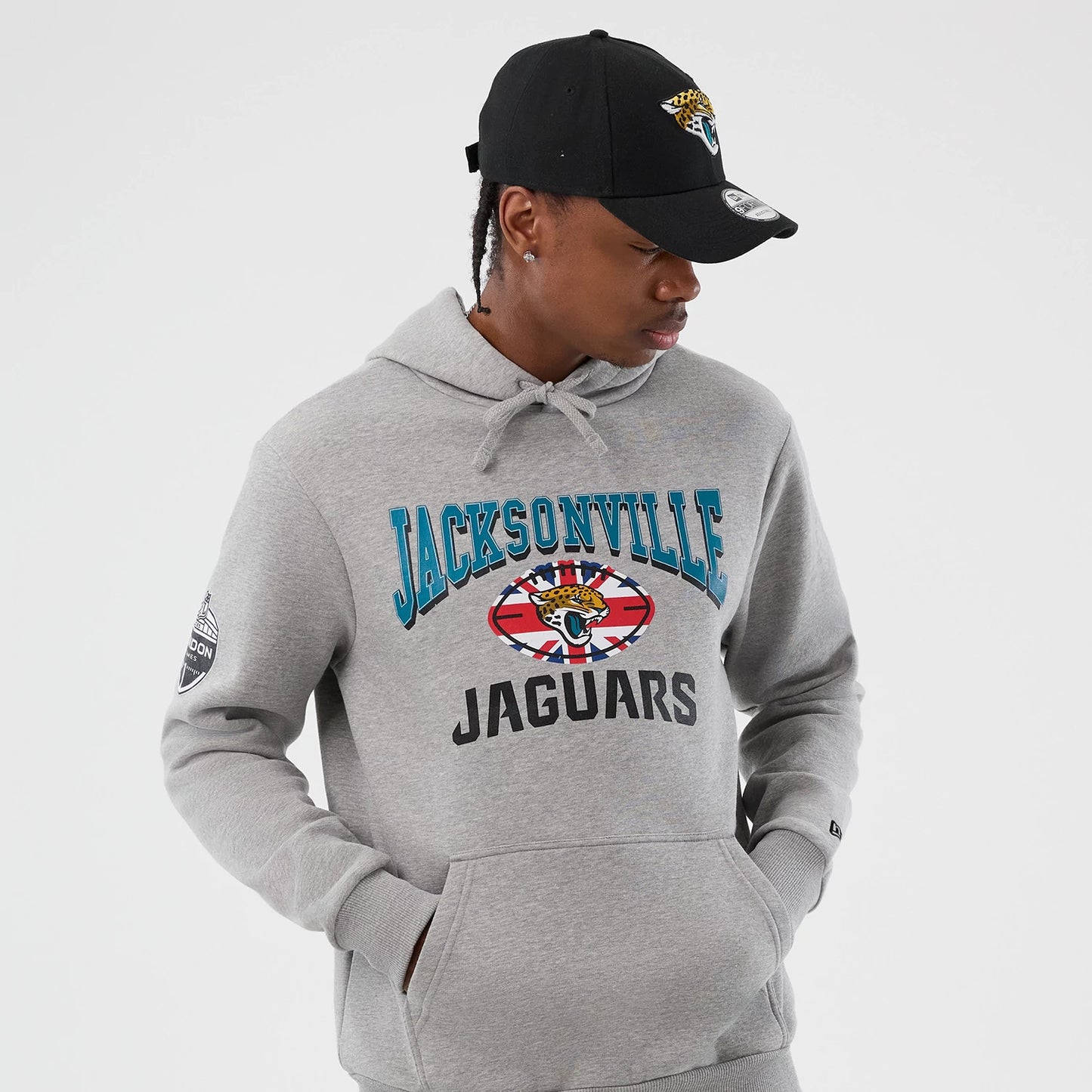 The Male model is wearing Jacksonville Jaguars NFL International Series Games Grey Pullover Hoodie 4