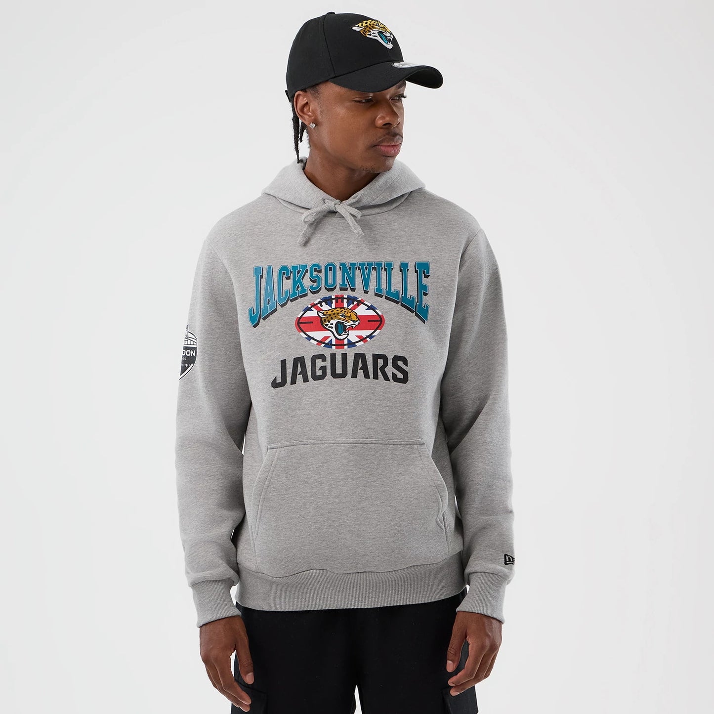 The Male model is wearing Jacksonville Jaguars NFL International Series Games Grey Pullover Hoodie 1