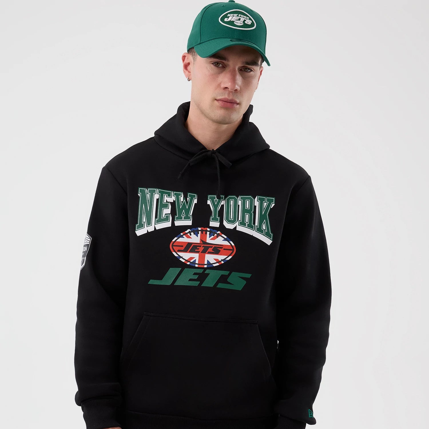 The Male model is wearing New York Jets NFL International Series Games Black Pullover Hoodie 6