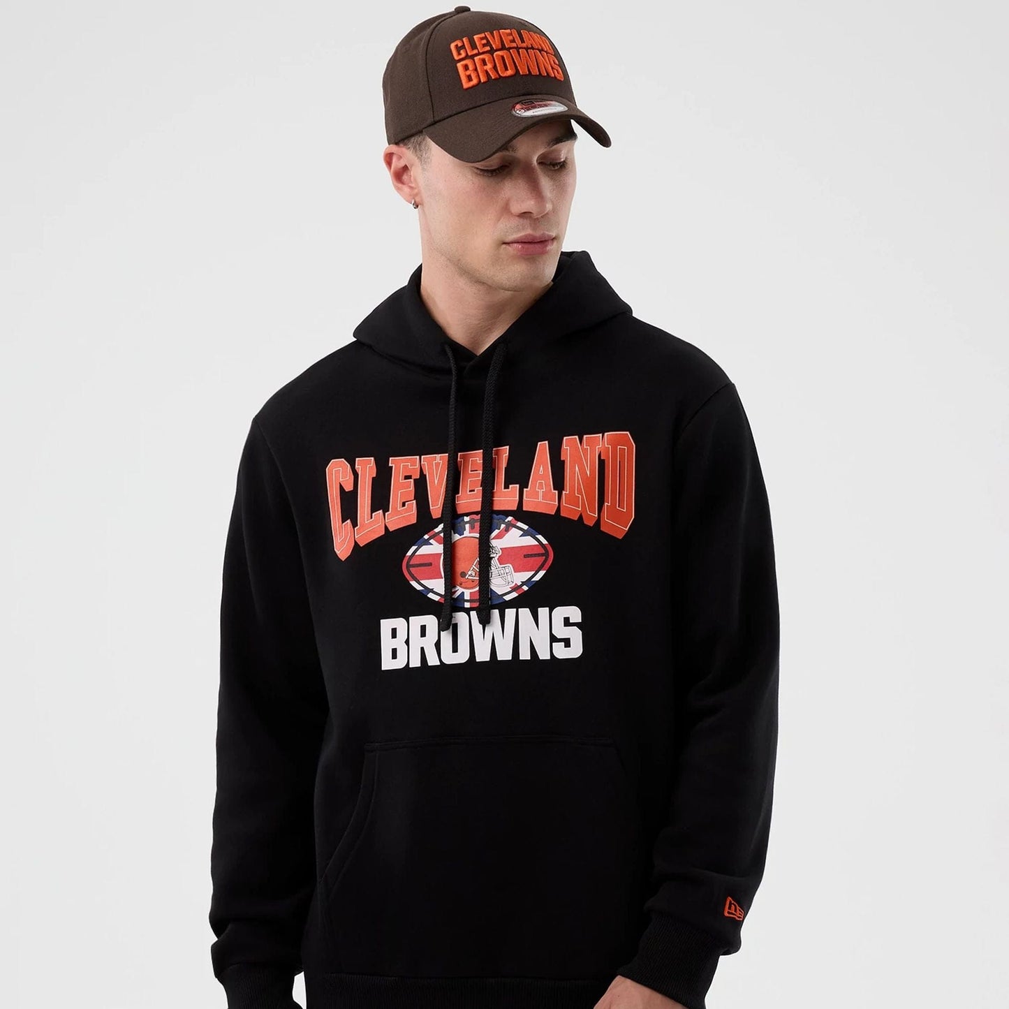 The Male model is wearing Cleveland Browns NFL International Series Games Black Pullover Hoodie  6