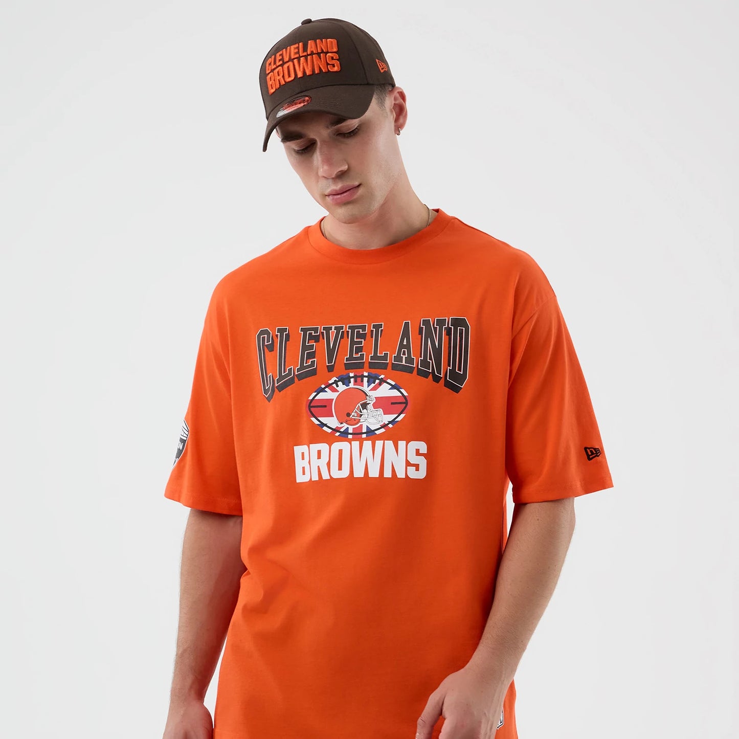 The Male model is wearing Cleveland Browns NFL International Series Games Orange Oversized T-Shirt 3