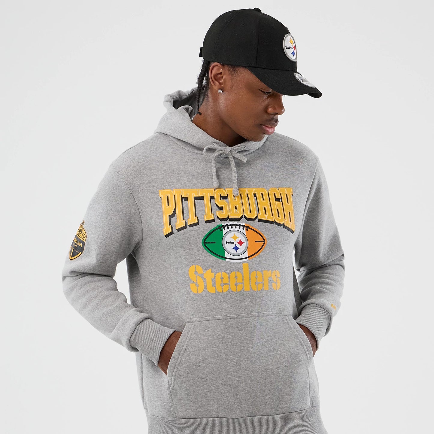 The Male model is wearing Pittsburgh Steelers NFL International Series Games Grey Pullover Hoodie 3