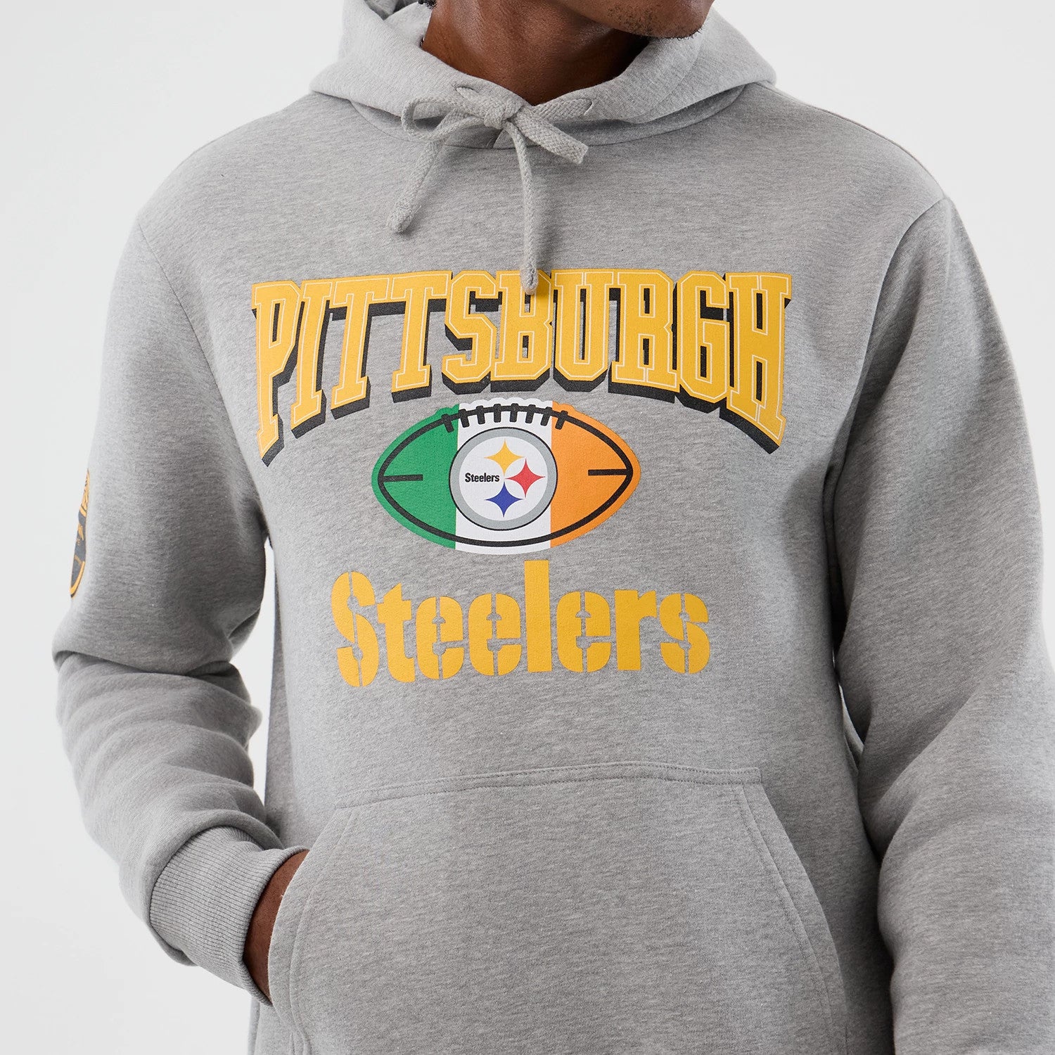 The Male model is wearing Pittsburgh Steelers NFL International Series Games Grey Pullover Hoodie 6