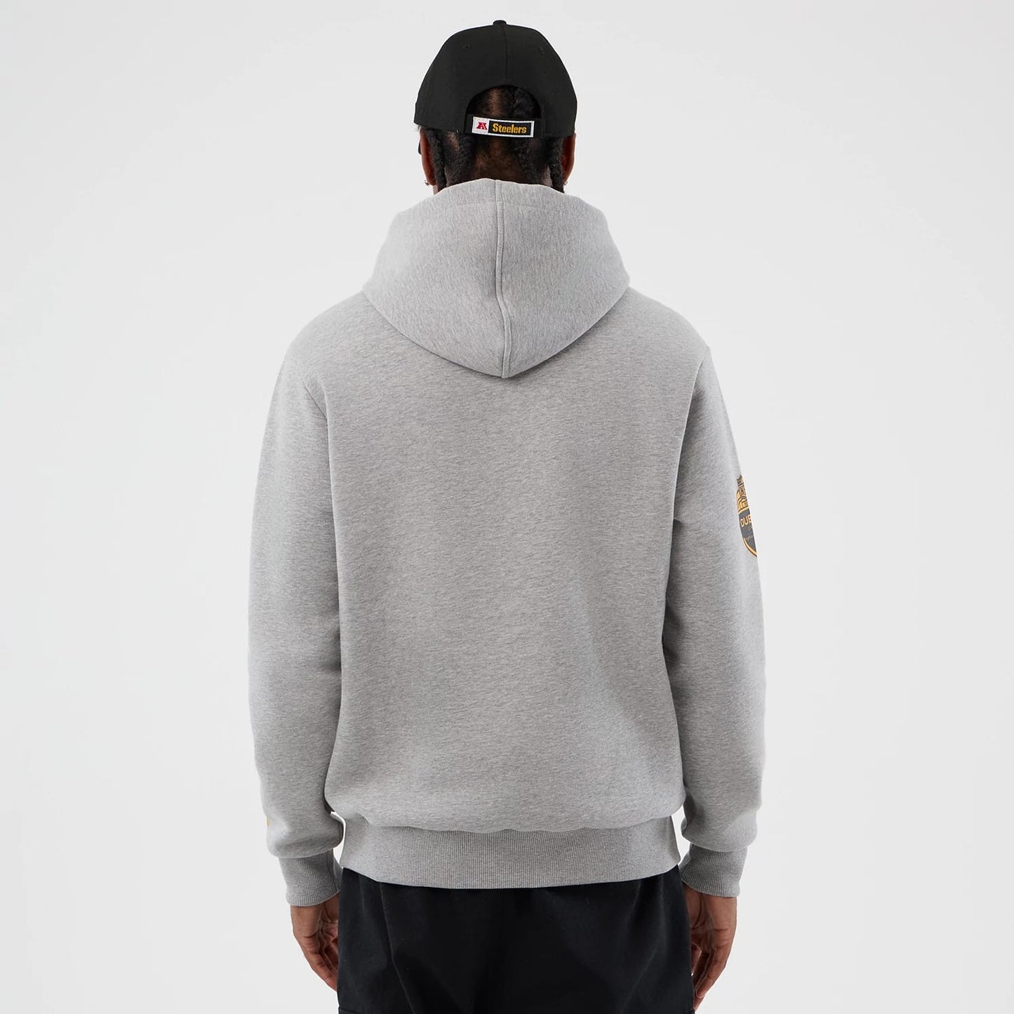 The Male model is wearing Pittsburgh Steelers NFL International Series Games Grey Pullover Hoodie 2
