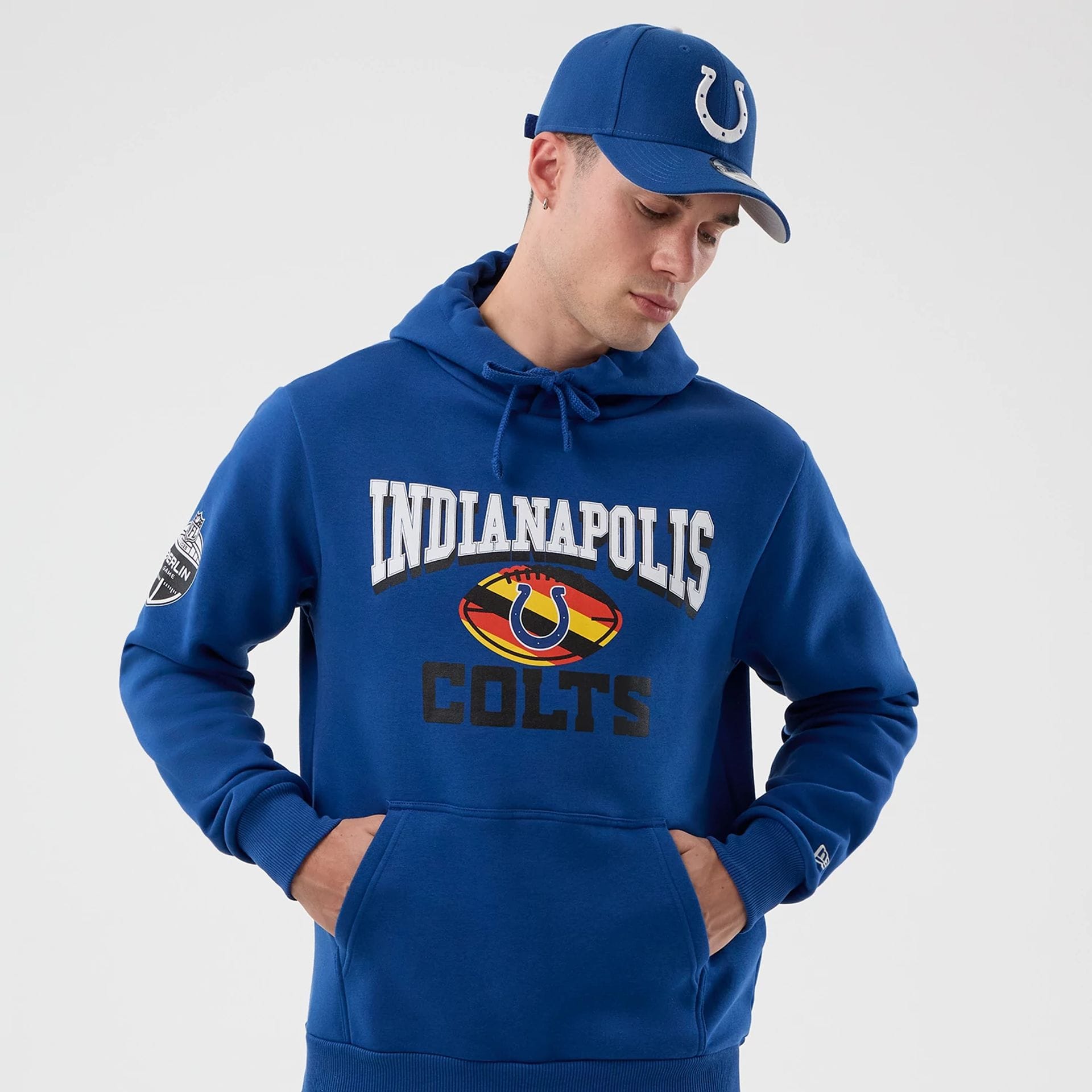 The Male model is wearing Indianapolis Colts NFL International Series Games Blue Pullover Hoodie 3
