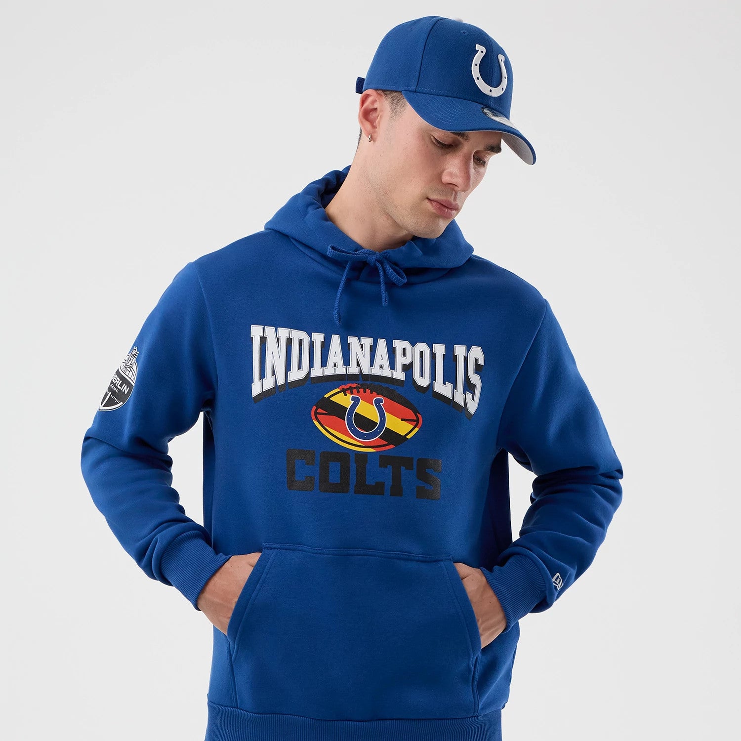 The Male model is wearing Indianapolis Colts NFL International Series Games Blue Pullover Hoodie 3