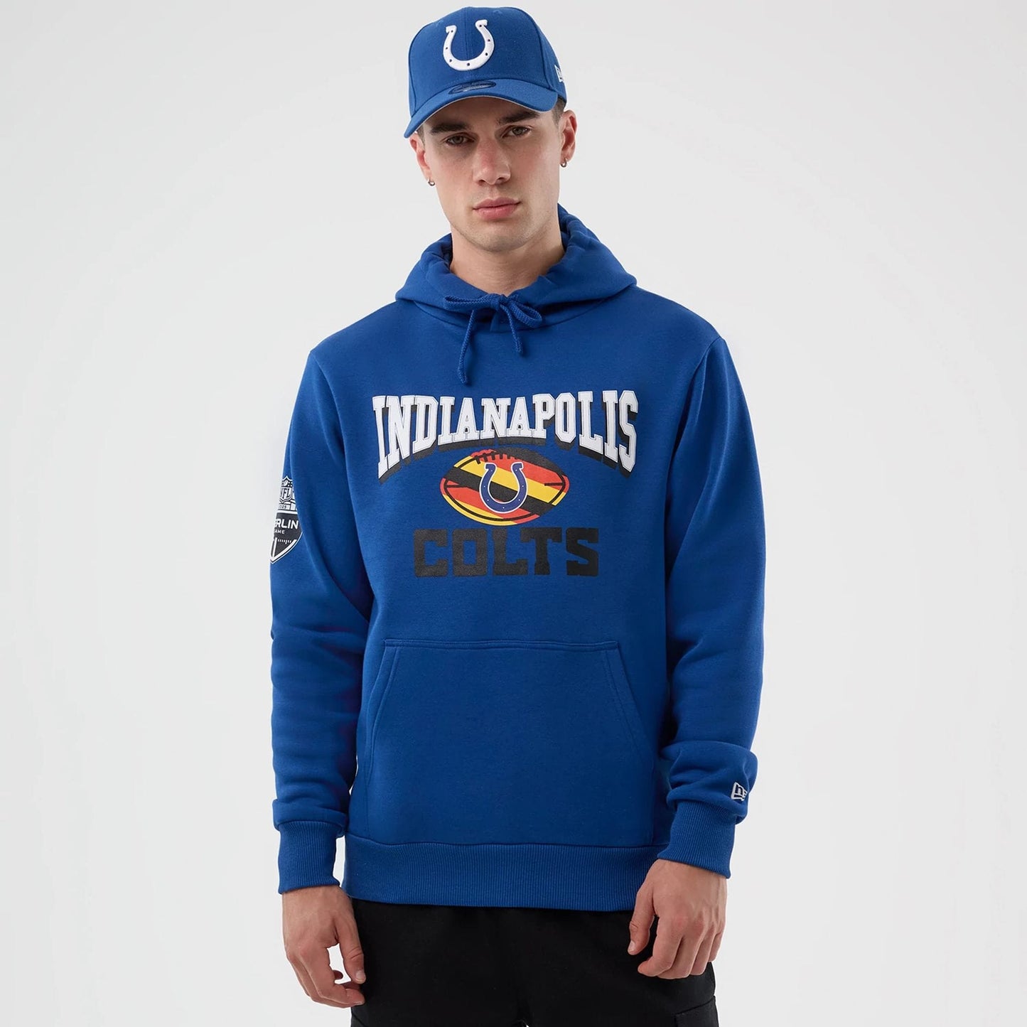 The Male model is wearing Indianapolis Colts NFL International Series Games Blue Pullover Hoodie  1