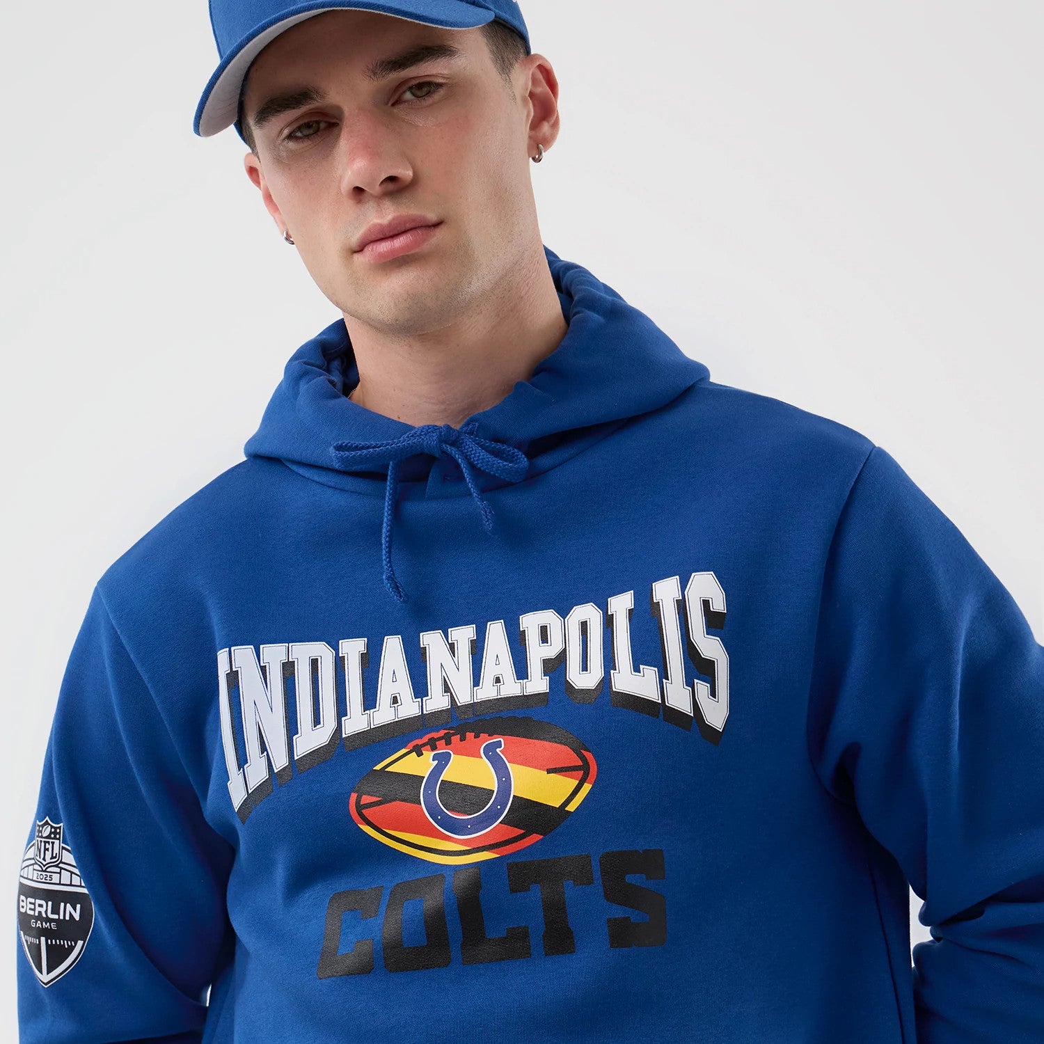 The Male model is wearing Indianapolis Colts NFL International Series Games Blue Pullover Hoodie 5