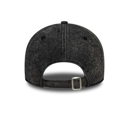 Stranger Things Distressed Black New Era 9FORTY Adjustable Cap, rear view showing the curved opening for adjustable strap with buckle, featuring a textured distressed black finish on the unstructured crown.