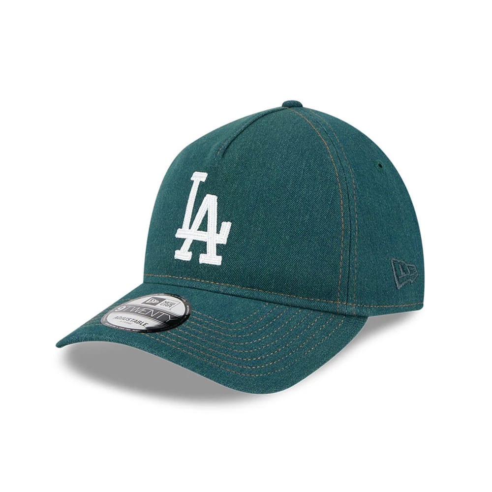 Pictured is this MLB Forest Denim LA Dodgers 9TWENTY A-Frame Adjustable cap in green. 1