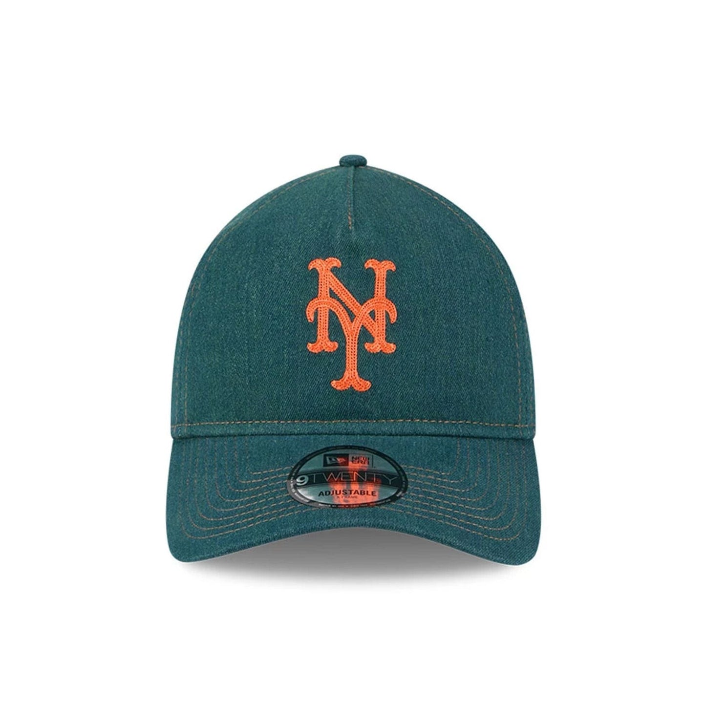 Pictured is this MLB Forest Denim New York Mets 9TWENTY A-Frame Adjustable cap in green. 2