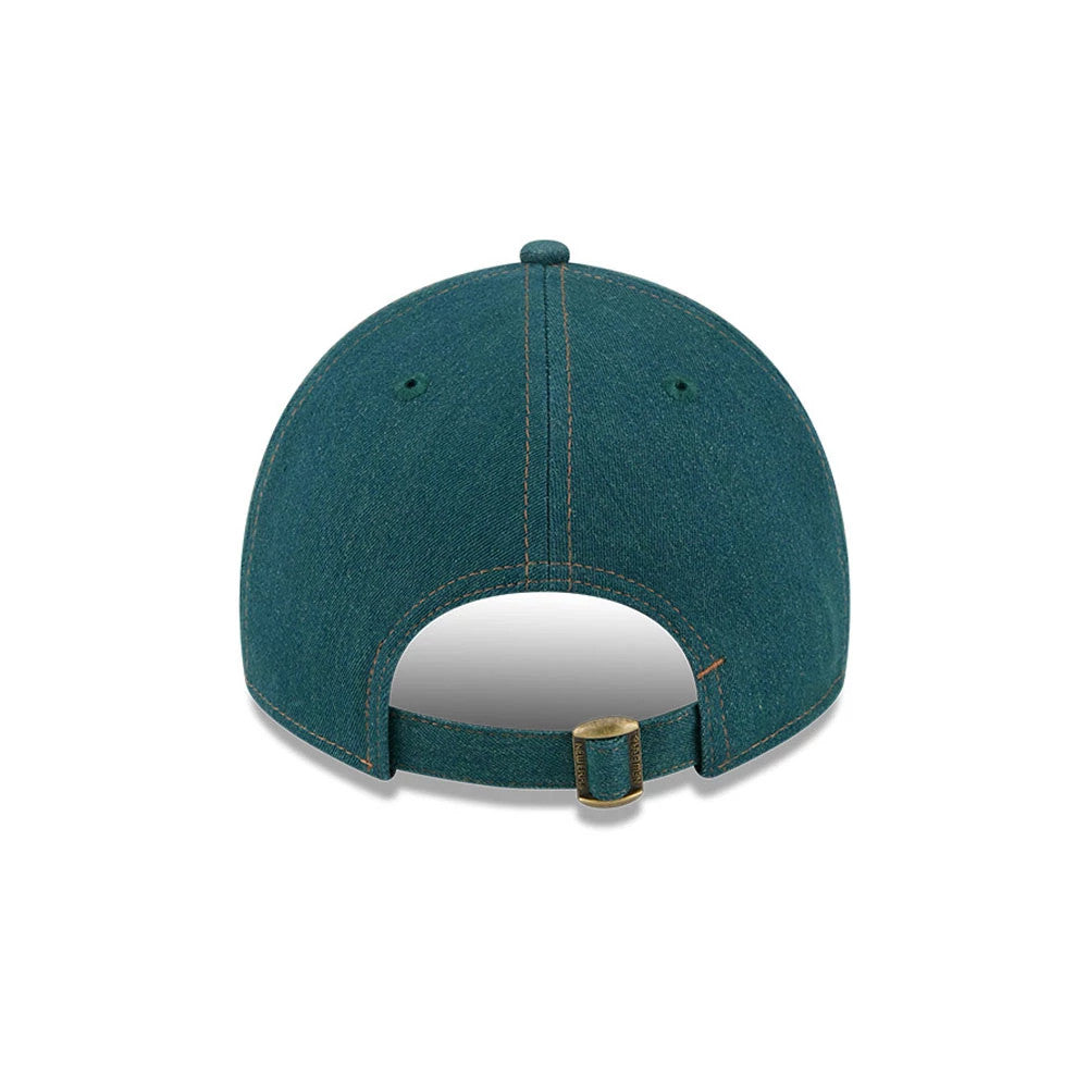 New York Mets MLB Forest Denim Green New Era 9TWENTY A-Frame Adjustable Cap, rear view showing the brass buckle on the strapback closure, with neat stitching across the faded green crown and two green eyelets.