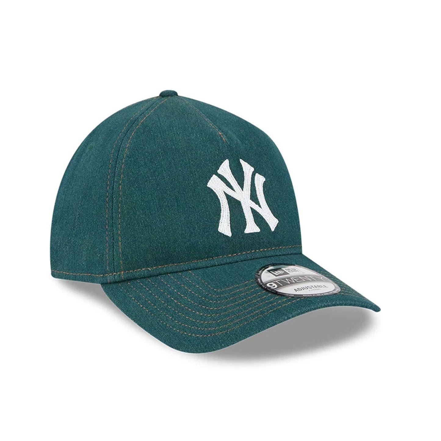Pictured is this MLB Forest Denim New York Yankees 9TWENTY A-Frame Adjustable cap in green. 3