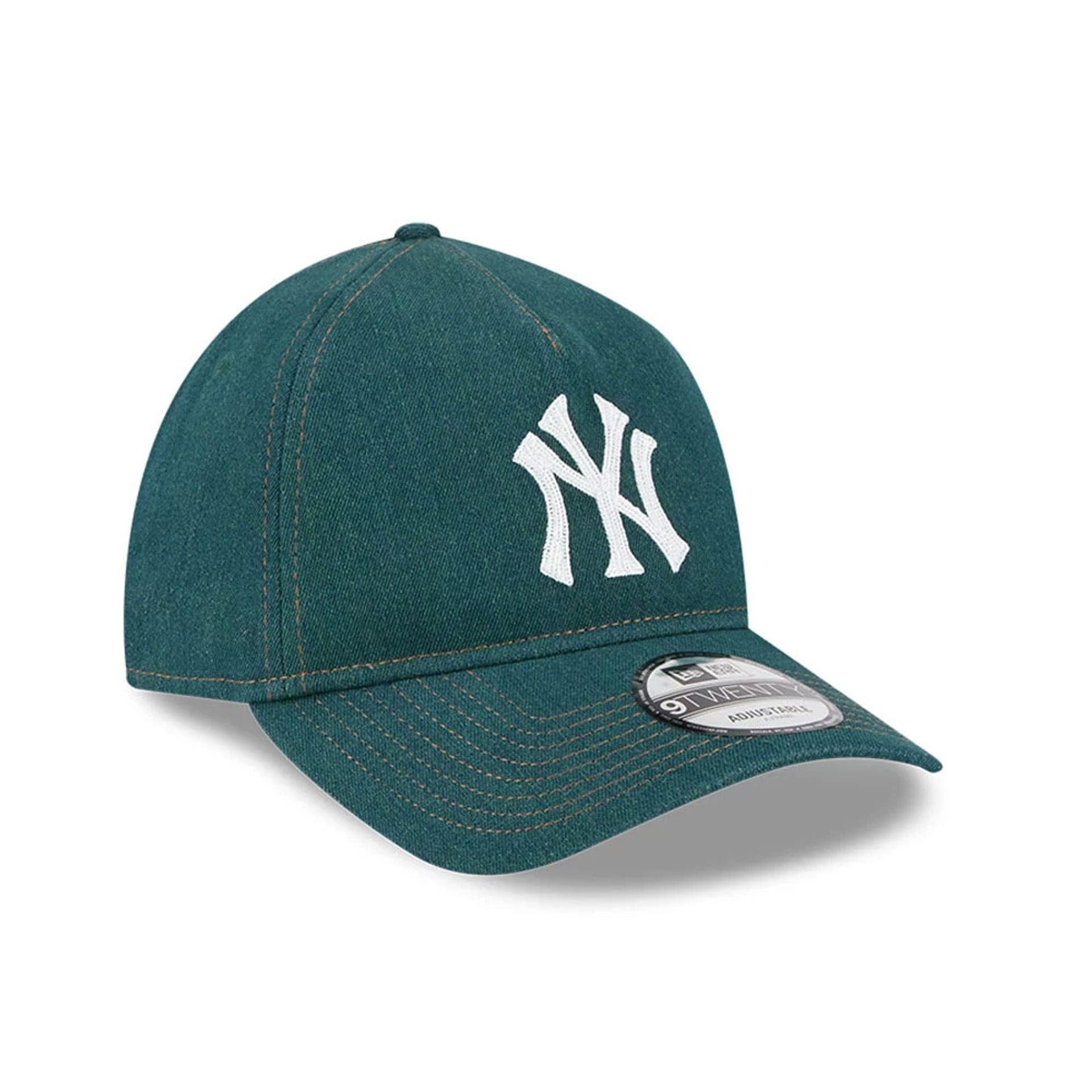 Pictured is this MLB Forest Denim New York Yankees 9TWENTY A-Frame Adjustable cap in green. 3