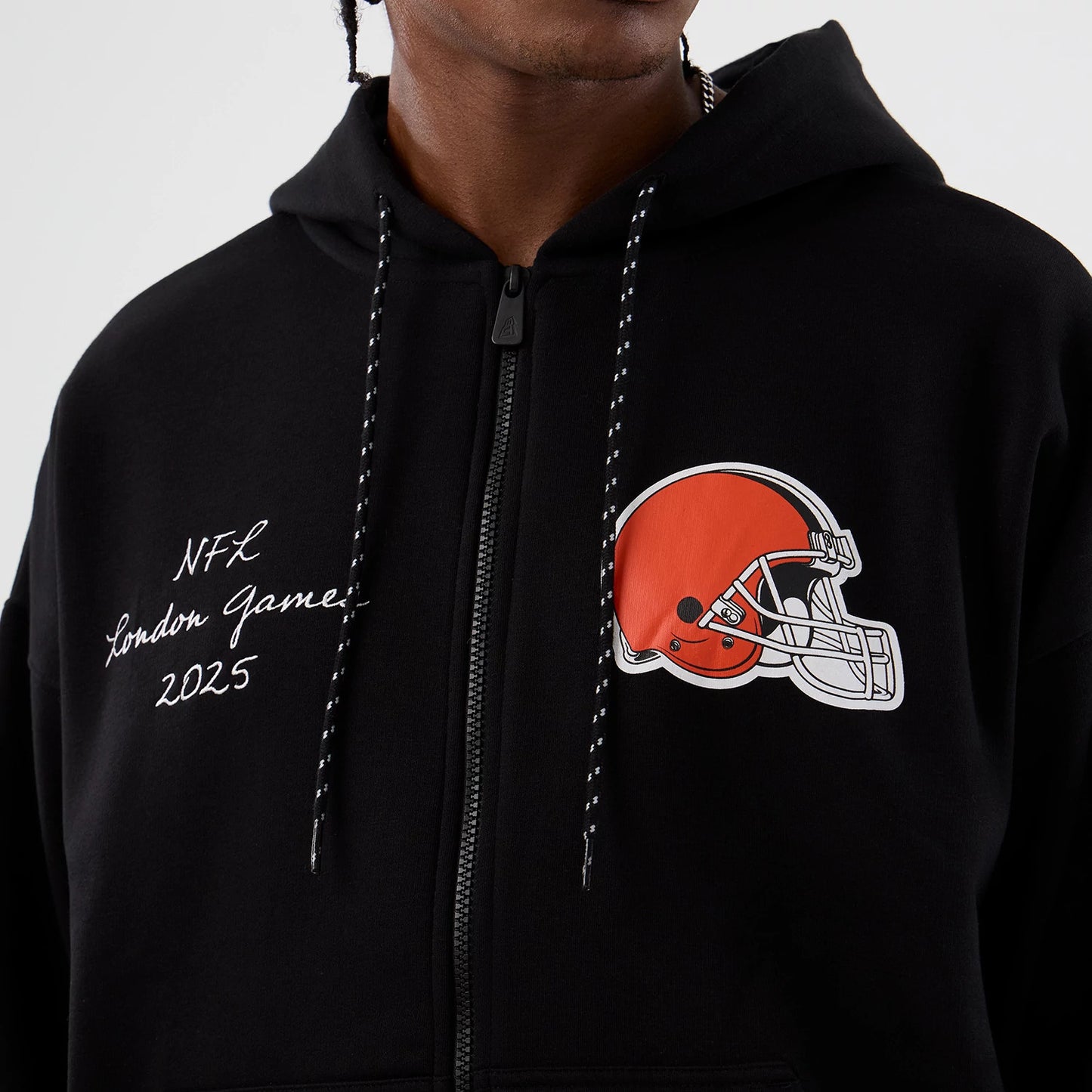 The Male model is wearing Cleveland Browns NFL International Series Games Black Full Zip Hoodie 3